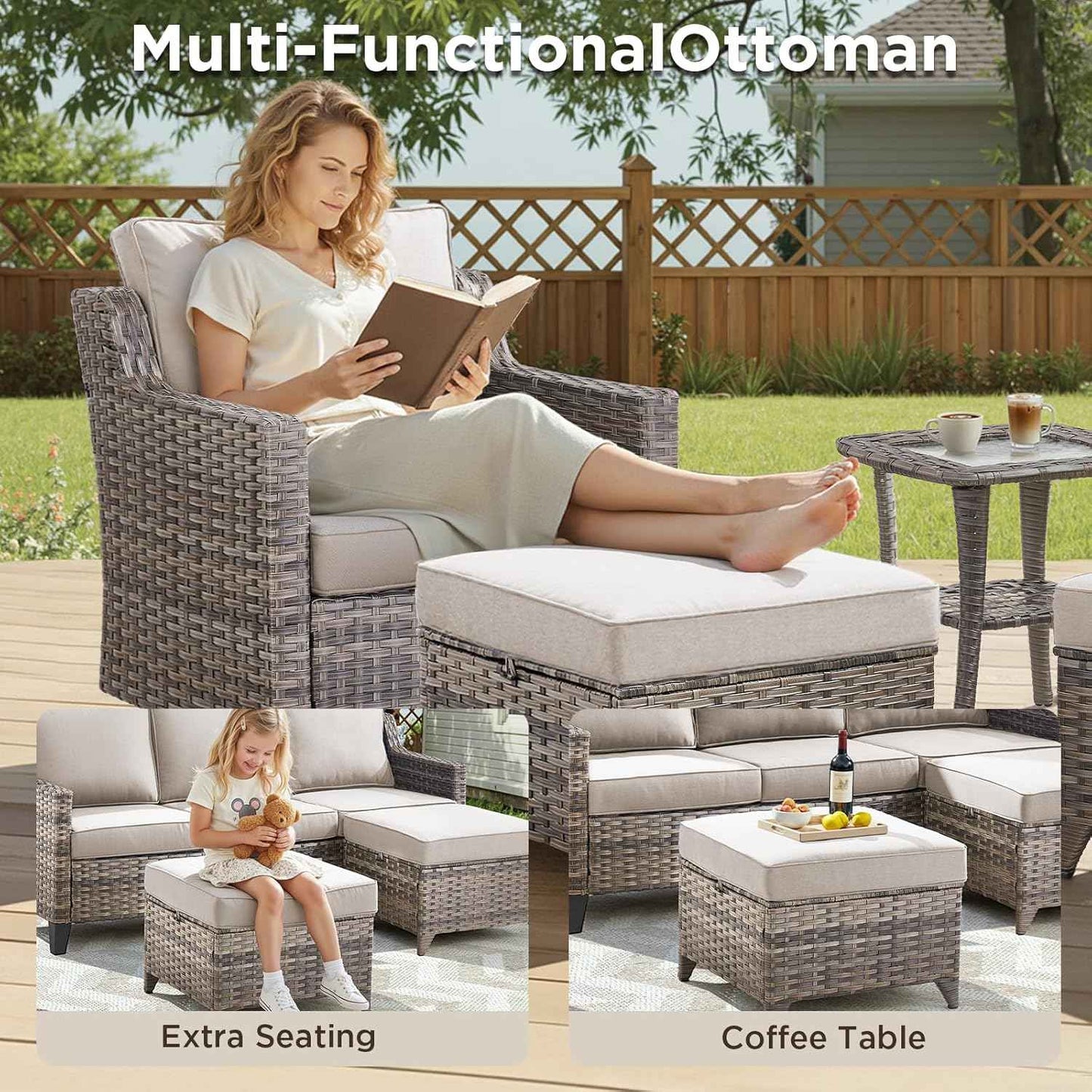 Wicker Patio Furniture Set-6 Piece High Back Outdoor Furniture Set Sectional Sofa with Wicker Swivel Rocker Patio Chairs,Thick Cushions Ottomans for Porch Balcony Patio Deck Grey/Beige