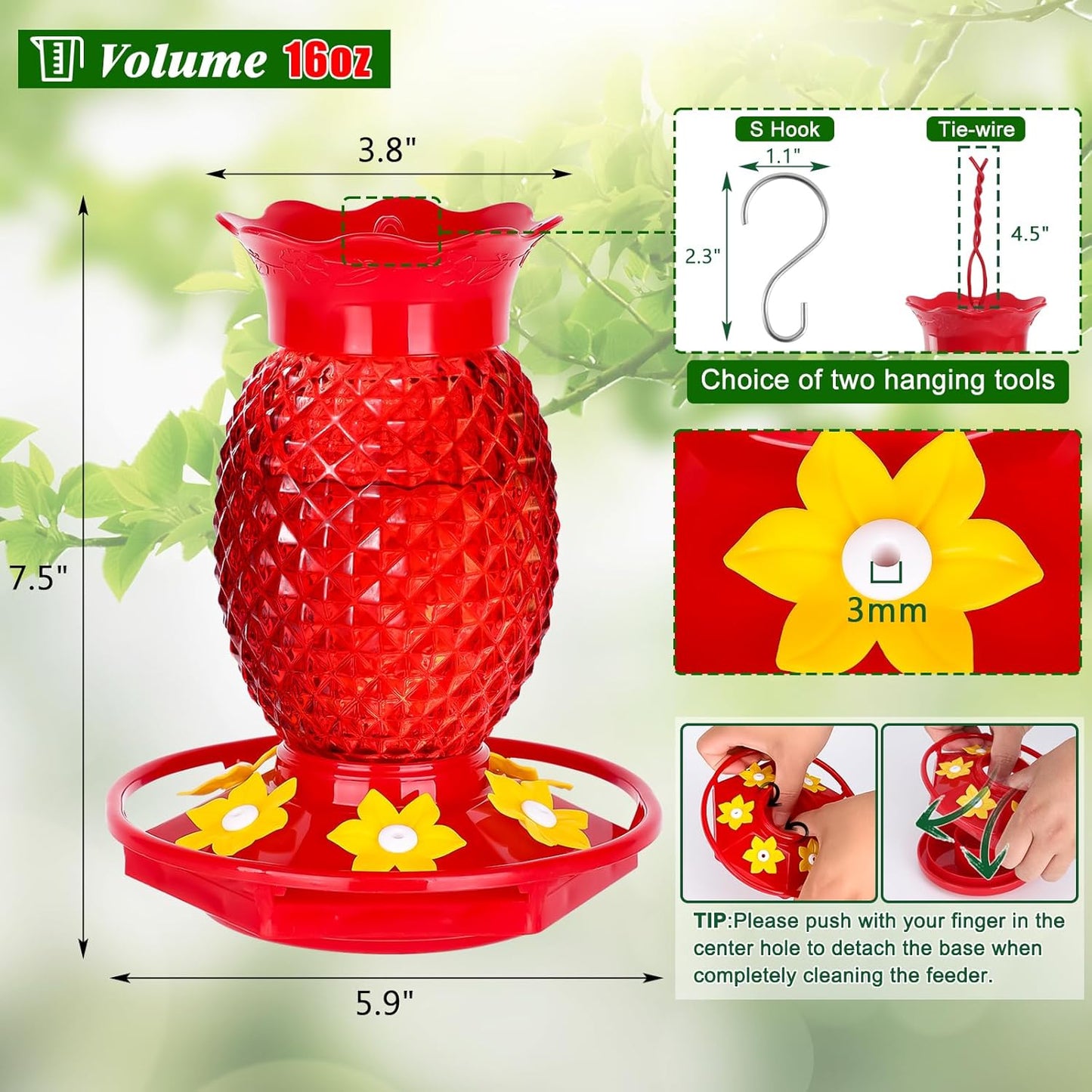 Fchstaer Glass Hummingbird Feeders for Outdoors Hanging 16oz 2 Pack Red Pineapple Bee & Ant Proof 360°Perch Leakproof Easy Clean with 6 Feeding Ports Gifts for Mom