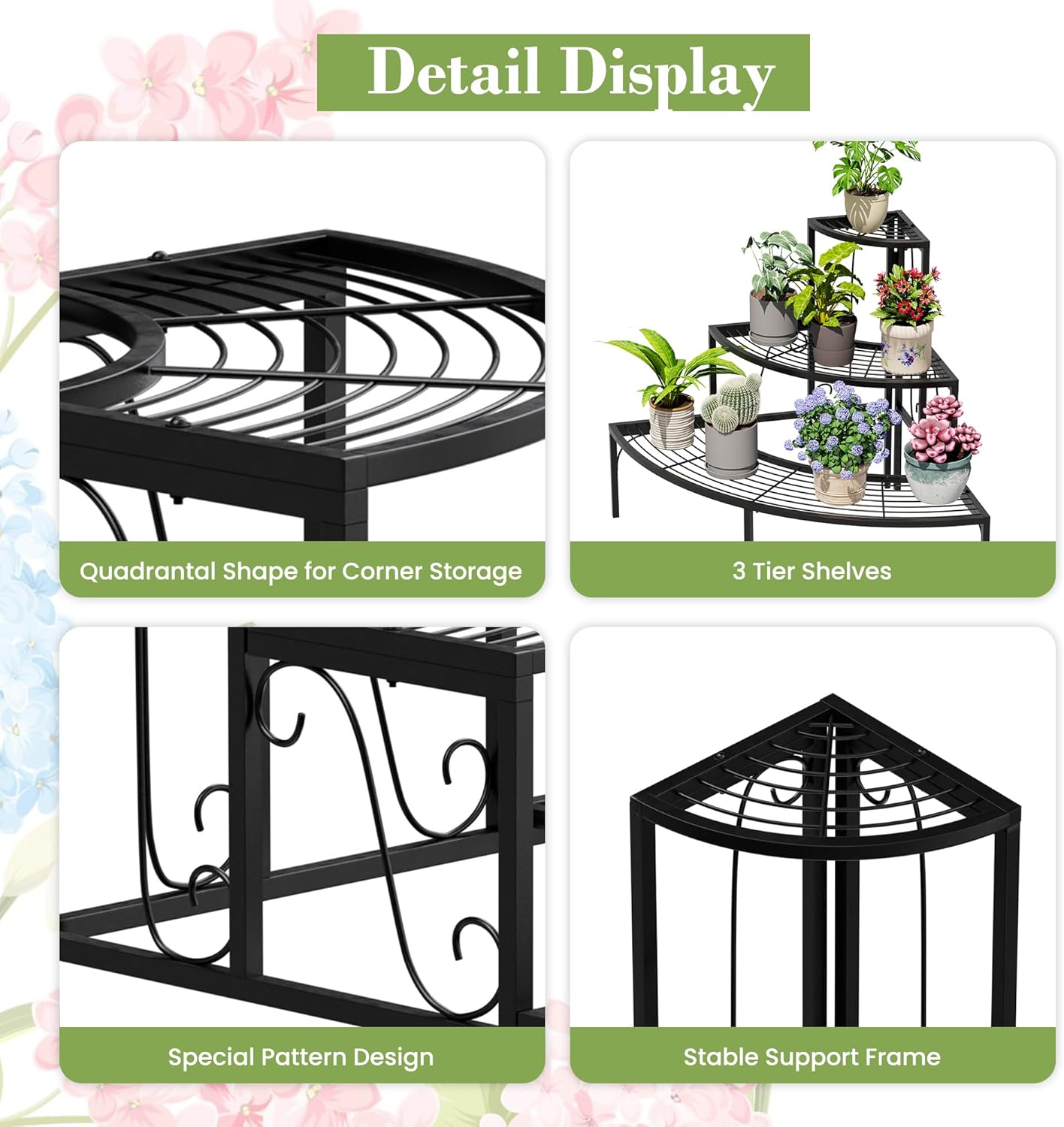 Plant Pot Stand Shelf, 3 Tier Flower Quarter Display Rack, Metal Succulent Plants Storage Holder for Outdoor and Indoor, Black
