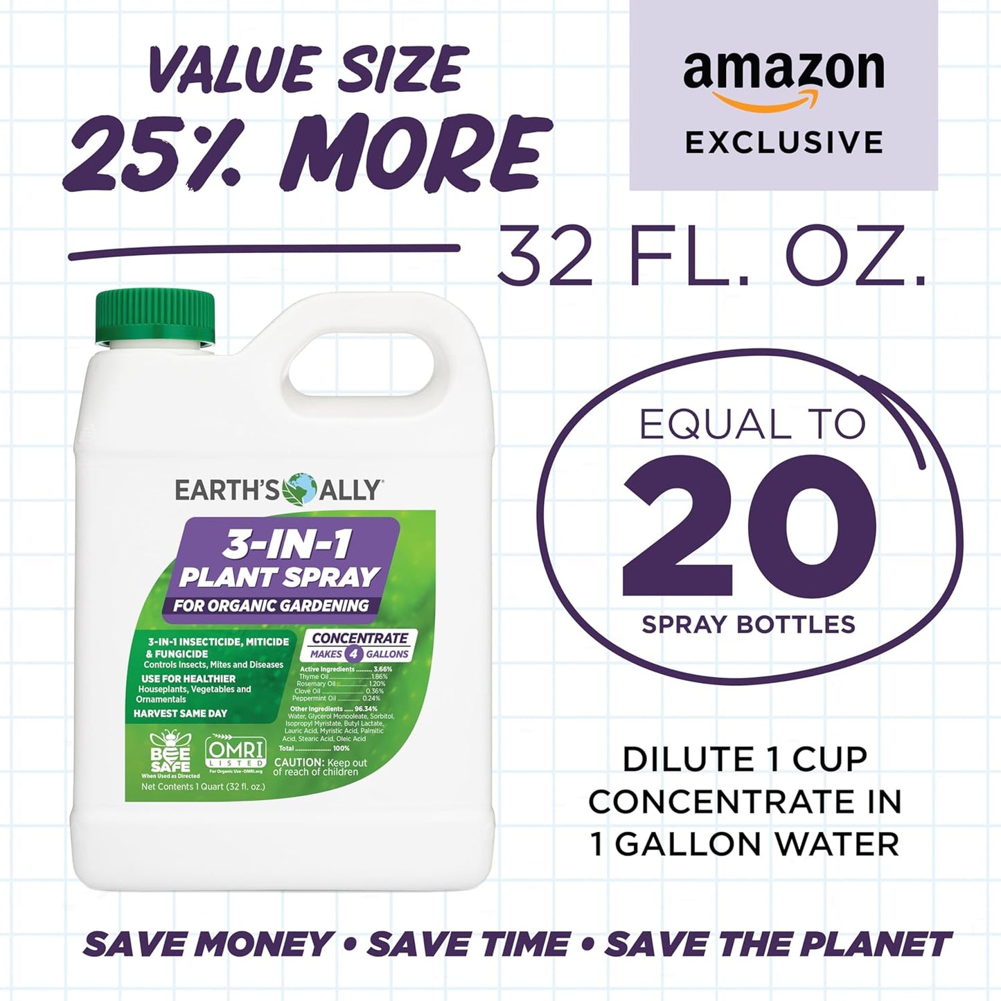 Earth's Ally 3-in-1 Plant Spray 32 oz Conc. Makes 4 gal | Insecticide, Fungicide & Spider Mite Control for Organic Gardening