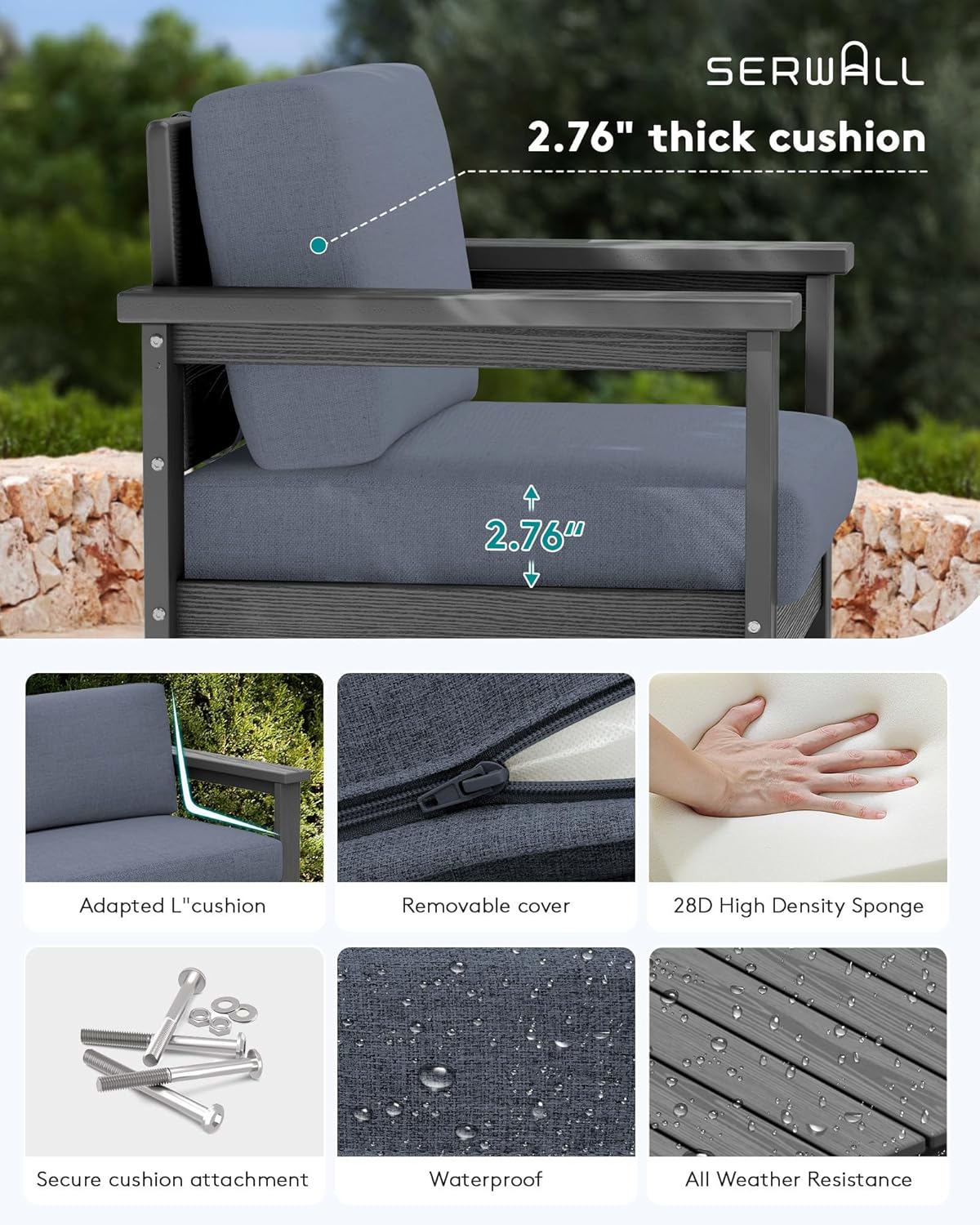 SERWALL 8 Pieces HDPE Outdoor Conversation Sofa Set with Cushions, All Weather Use Couch Loveseat Furniture Set with Pads, Outdoor Social Sofa Coffee Table Set, Grey Frame with Grey Cushions