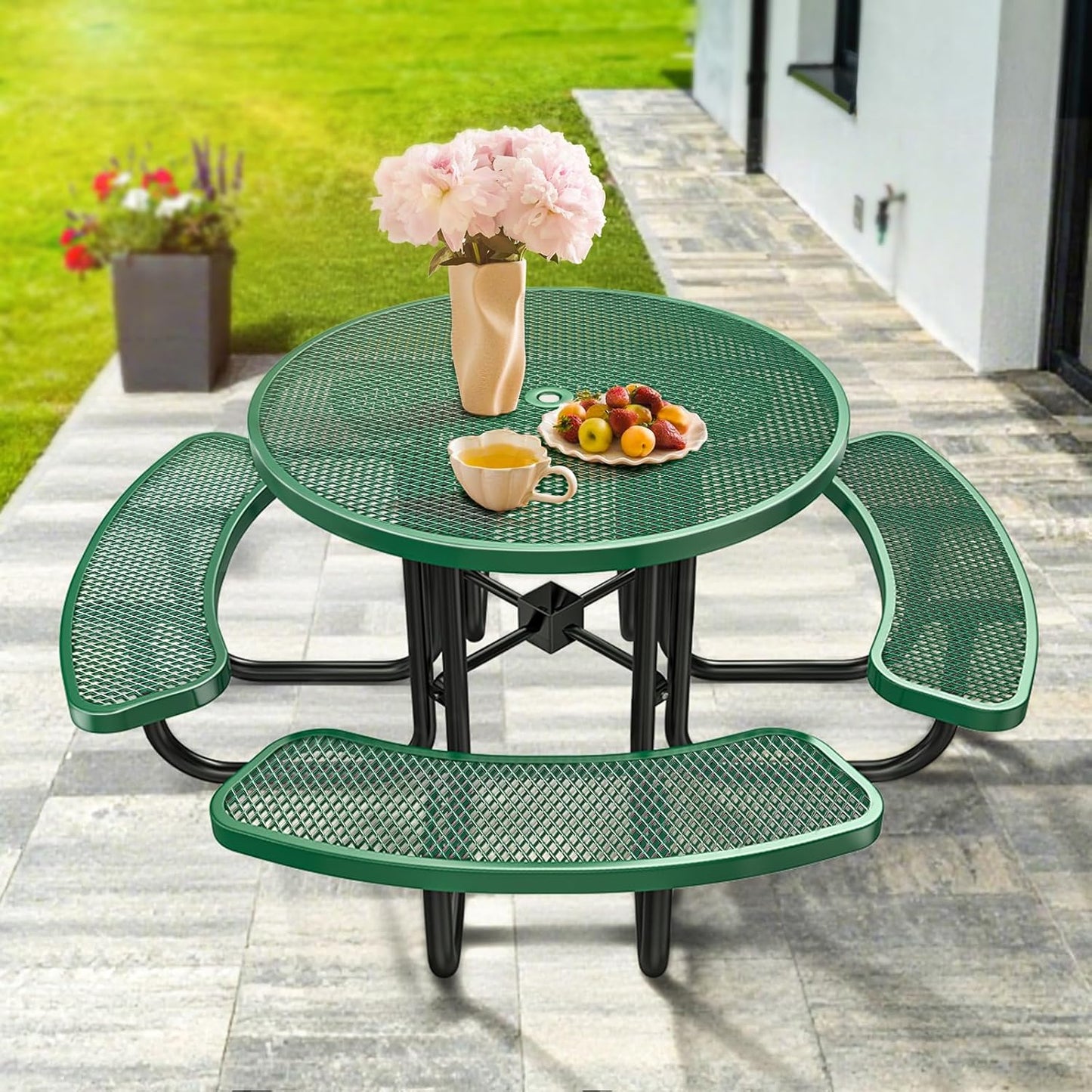 Heavy-Duty Park Bench or Table for Outside - Black Coated Outdoor Furniture Steel Bench, Commercial-Grade Outdoor Benches Weatherproof for Park, Patio, Porch (Green, 46” (Rd. Table))