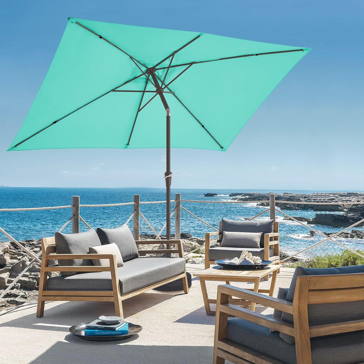 JEAREY 6.5x10 ft Rectangular Patio Umbrellas Outdoor Market Umbrella with Push Button Tilt and Crank, Rectangle Table Umbrella 6 Sturdy Ribs UV Protection for Pool Garden Backyard Deck, Aqua Sky