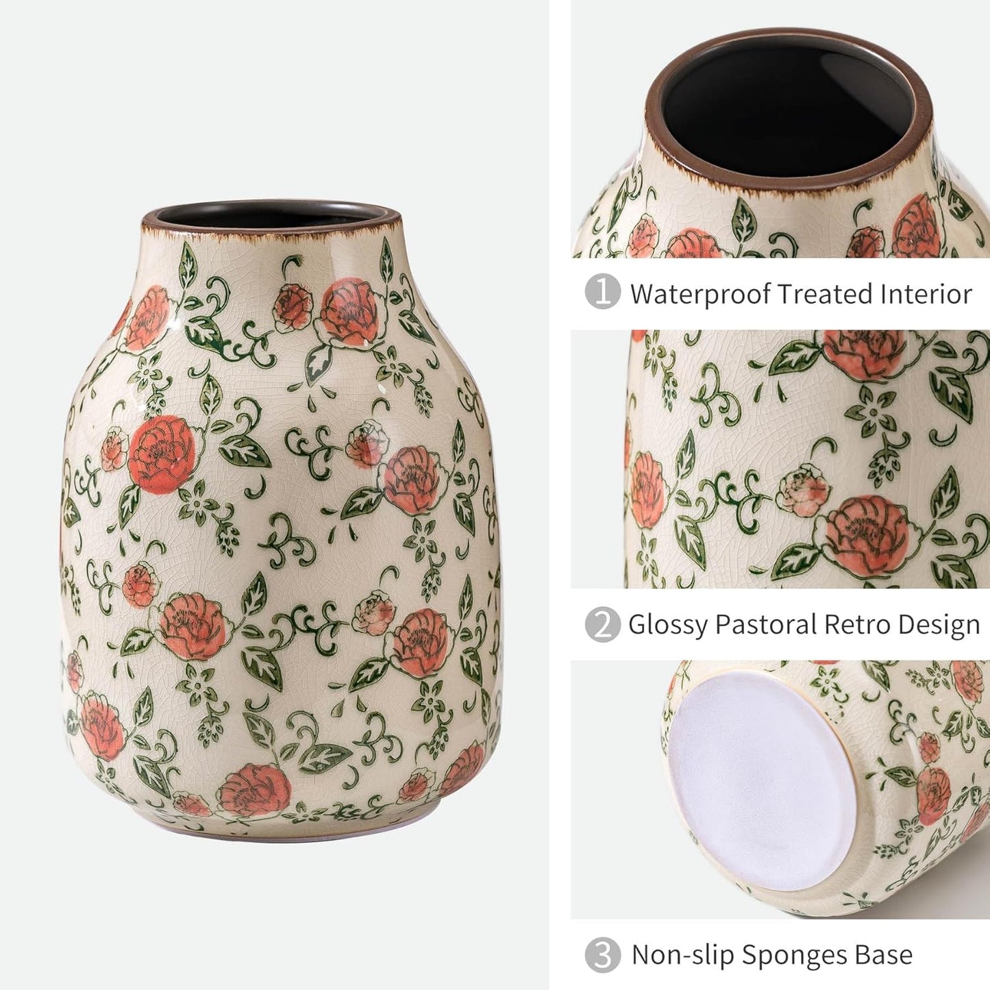 Green and Beige Vintage Round Vase, Red Rose Chinoiserie Floral Vase, Farmhouse Antique Decorative Ceramic Flower Vases for Bouquet, Home Decor, Living Room, Bookshelf, Office, Tuscan Decor 7.8 Inch