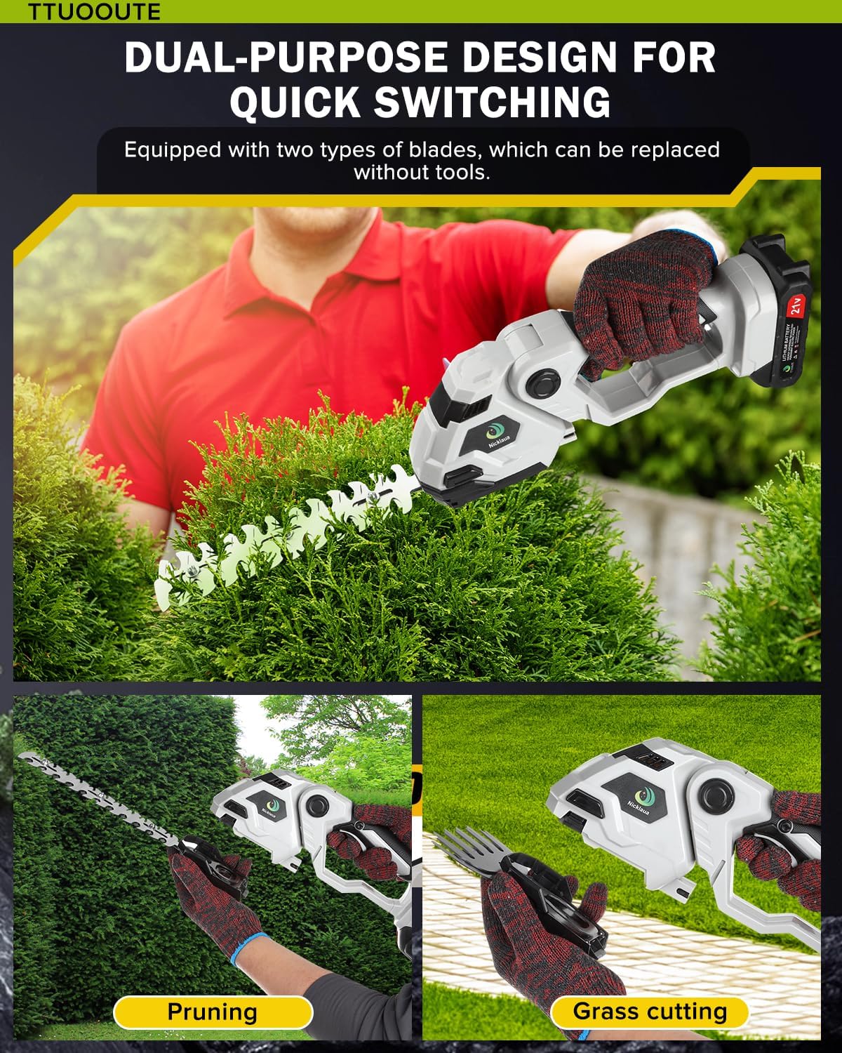 Cordless Hedge Trimmer,2 in 1 Cordless Grass Shear & Hedge Shear/Shrubbery Trimmer with Dual-Action Blade Cutting Capacity,Hedge Shear with 2 PCS Rechargeable Battery and Charger for Garden,Lawn