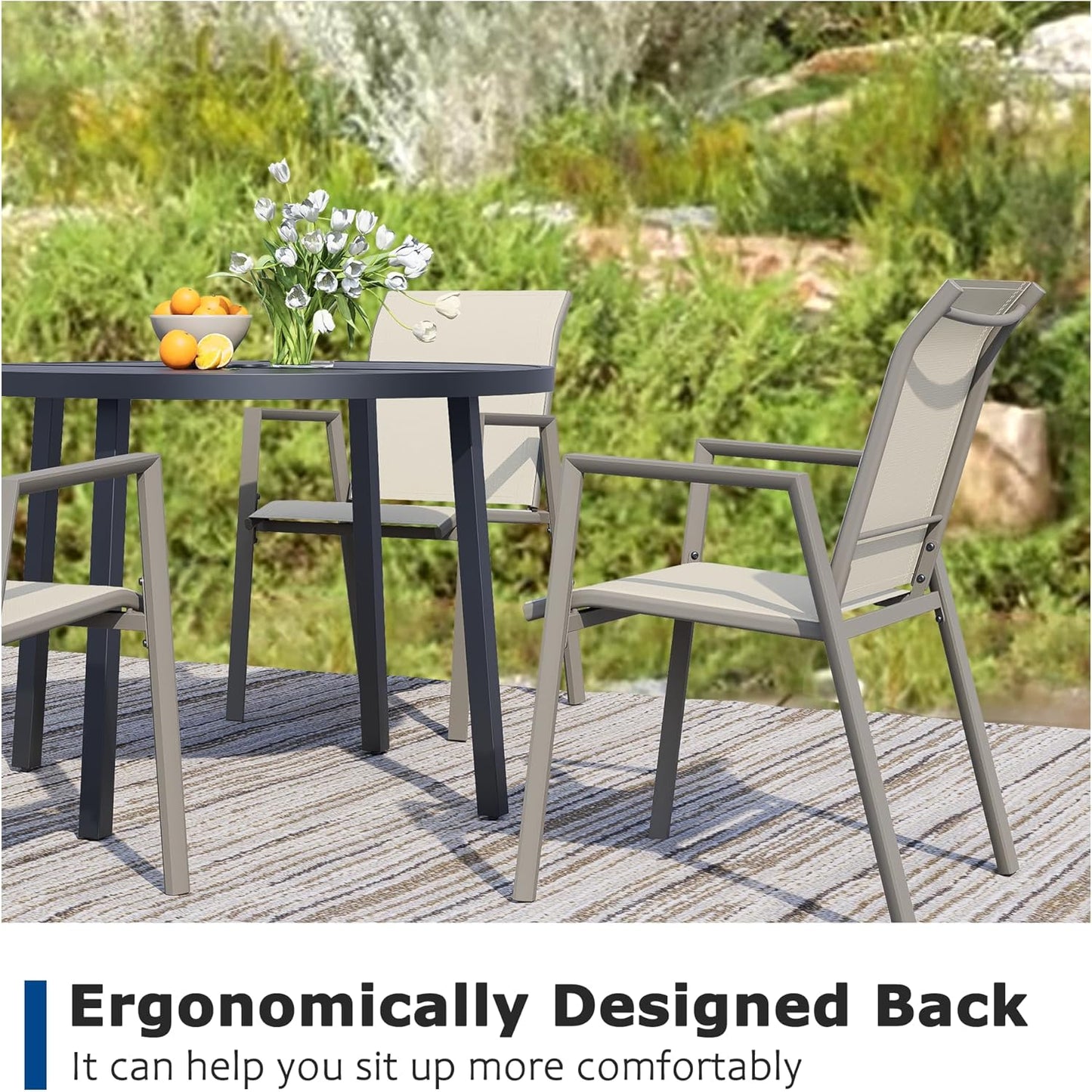 Outdoor Patio Chairs Set of 8, Ivory Beige Stackable Outdoor Chairs, Lightweight Patio Set with High Back, Metal Dining Chair for Lawn, Garden, Yard and Deck