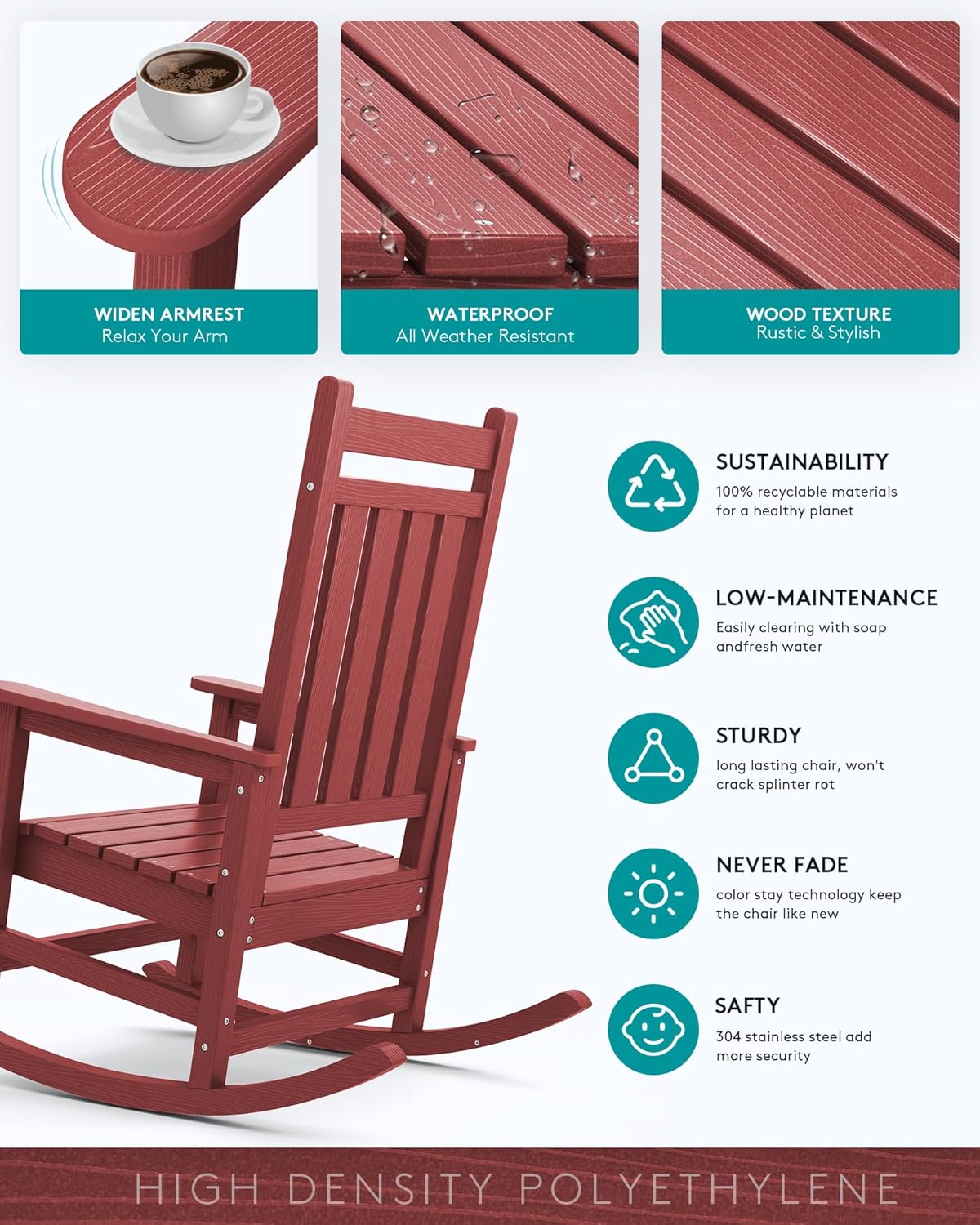 SERWALL Outdoor Rocking Chair Set of 2, HDPE Rocking Chairs for Adult, All Weather Porch Rockers for Lawn Garden, Crimson Red