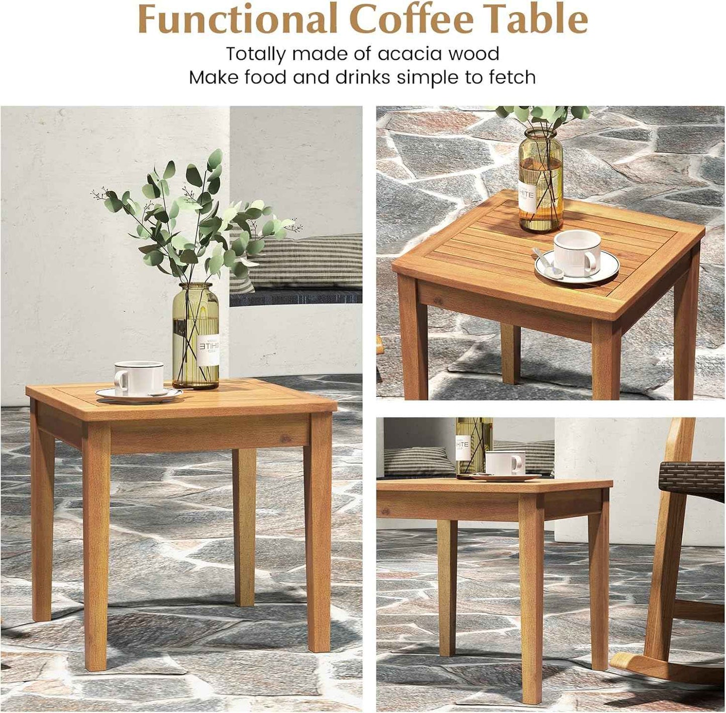 3 Pieces Rocking Chair Set, Acacia Wood Rocking Set with Coffee Table, Wicker Seat & Backrest, Patio Bistro Set Outdoor Conversation Set for Balcony, Garden, Backyard & Poolside