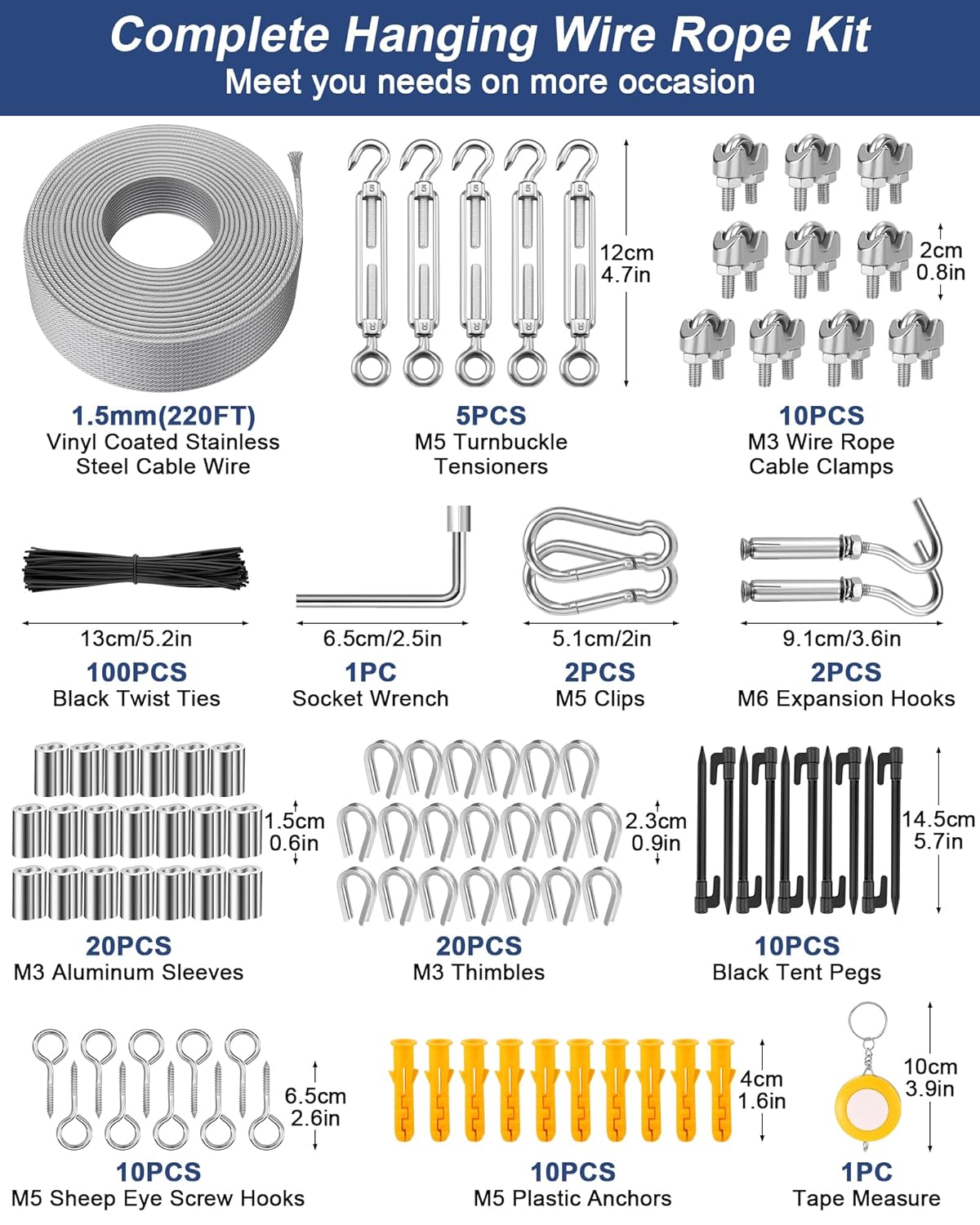 220 FT 1/16" Wire Rope Kit 304 Stainless Steel Cable with M5 Turnbuckles for Cables Wire, Vinyl Coated String Lights Hanging Wires for Outdoor Camping, Trellis, Garden, Clothes line, Curtain, Picture