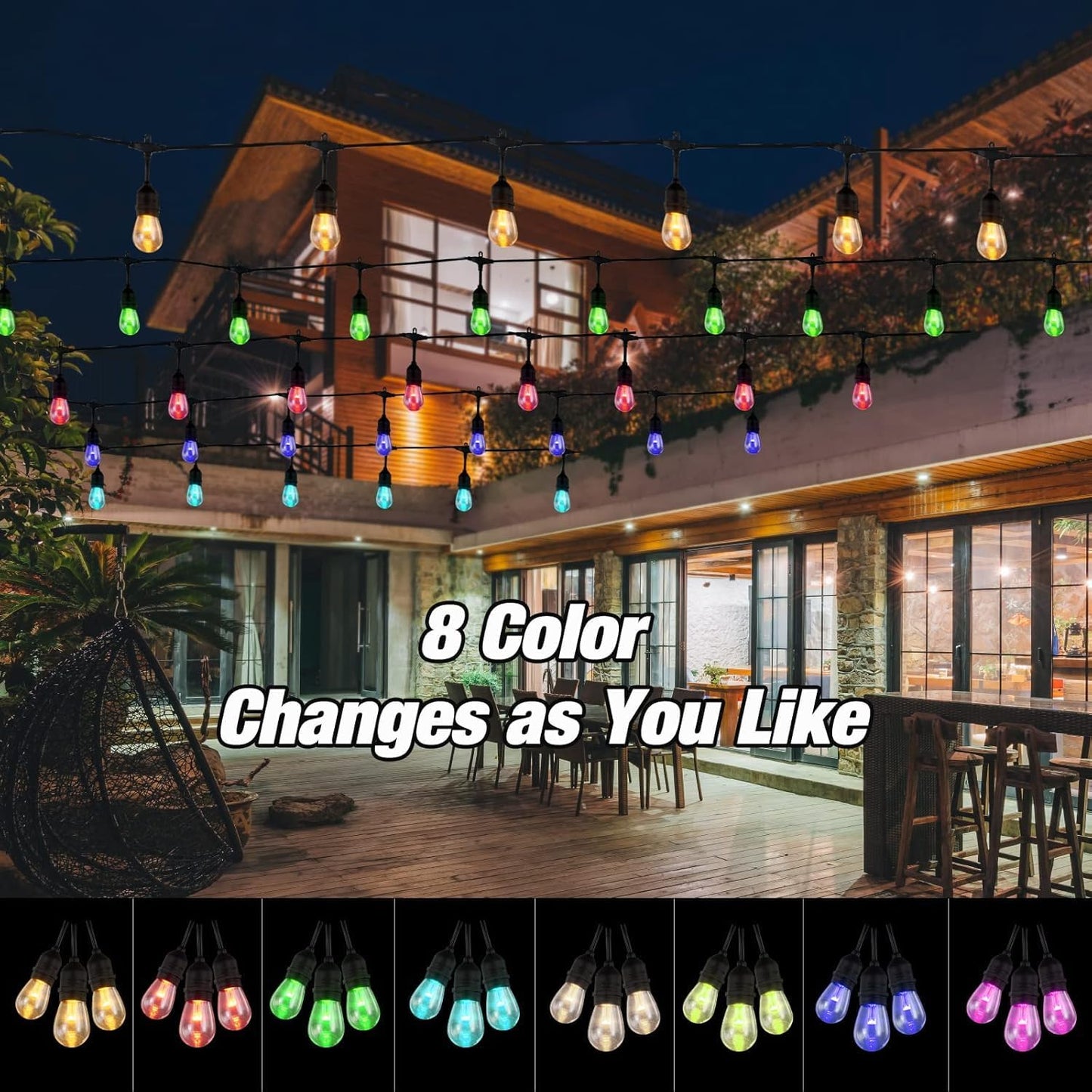 Auroraworld Outdoor String Lights RGB Solar, 48FT Dimmable Patio String Lights for Patio