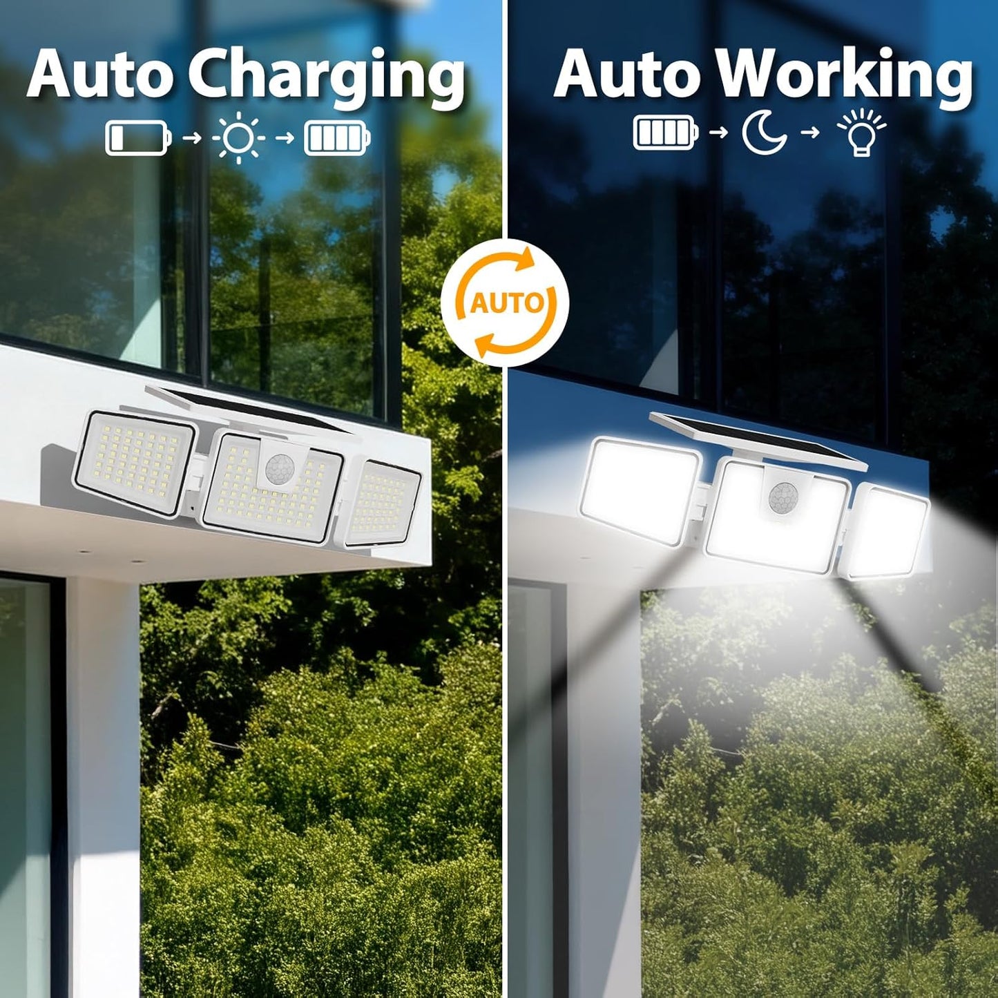 INCX 156 LED Solar Motion Lights Outdoor 2 Pack, 3 Heads Solar Security Lights with Motion Sensor IP65 Waterproof, Flood Lights for Wall, Patio, Garden, Porch, Garage White