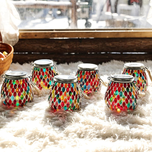 Cooo 2 Pack Mosaic Solar Lantern Outdoor Waterproof IP68 Hanging Projection Light Hidden Lid Pear-Shaped Lantern with Rope Handle Solar Powered Auto On for Patio Garden Fence Table - Crimson Ember