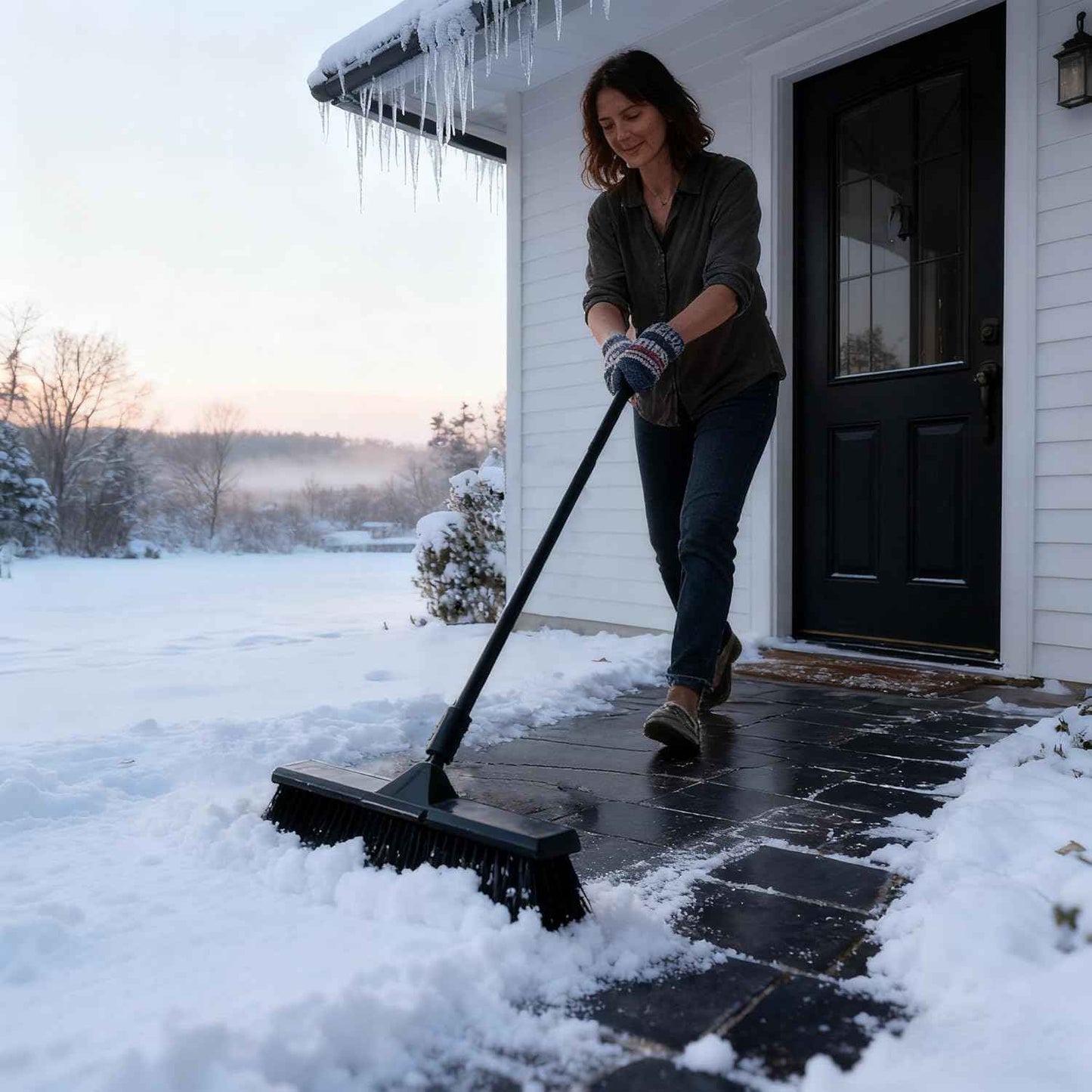 Eyliden 18" Push Broom for Deck Driveway Patio Garage | Heavy-Duty Stiff Bristles with 66" Adjustable Handle | Black