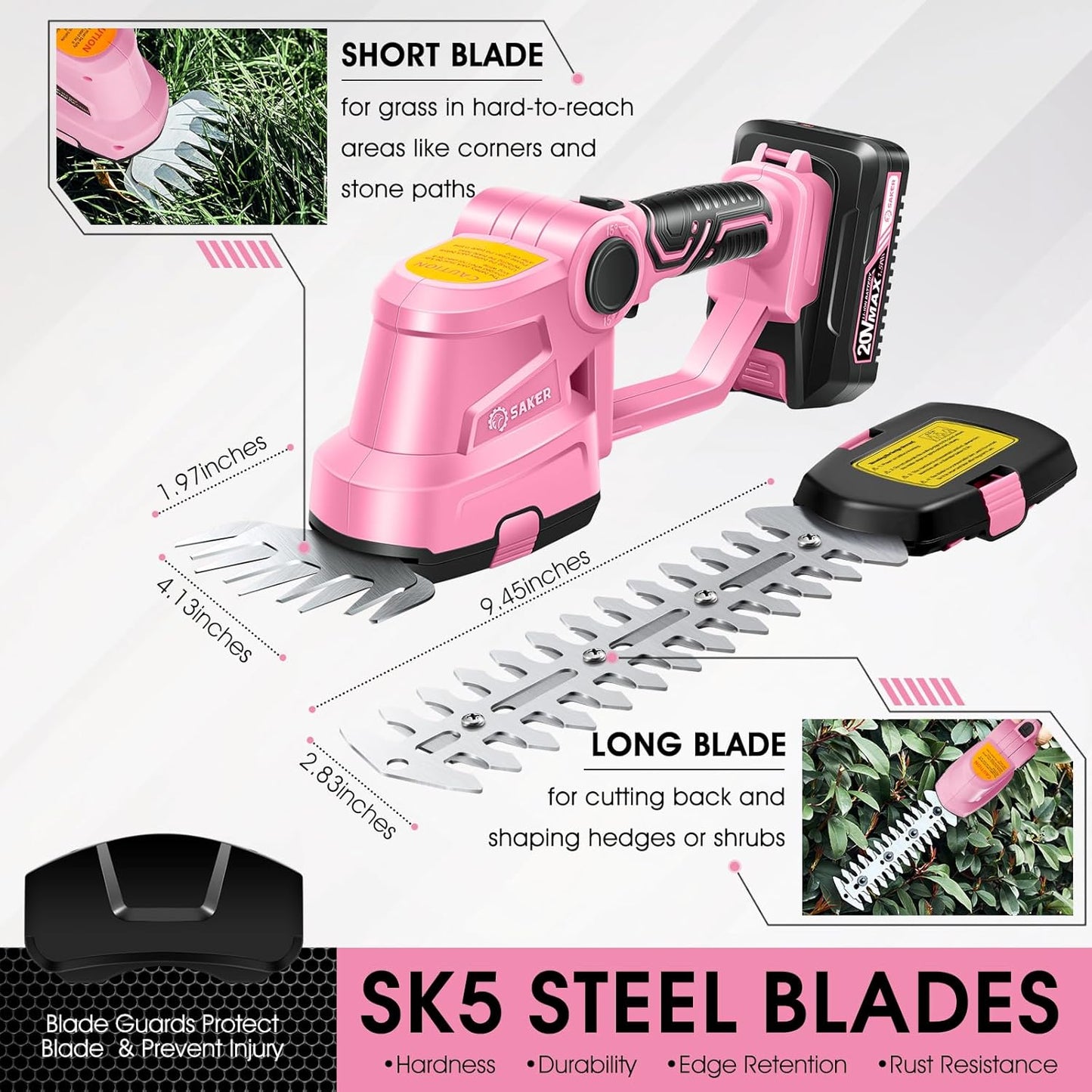 Saker Cordless Hedge Trimmer-20V Electric Shrub Trimmer Grass Shears Handheld Grass Cutter, Hedge Shear with 1 PCS Rechargeable Battery and Charger for Garden, Lawn(Pink)