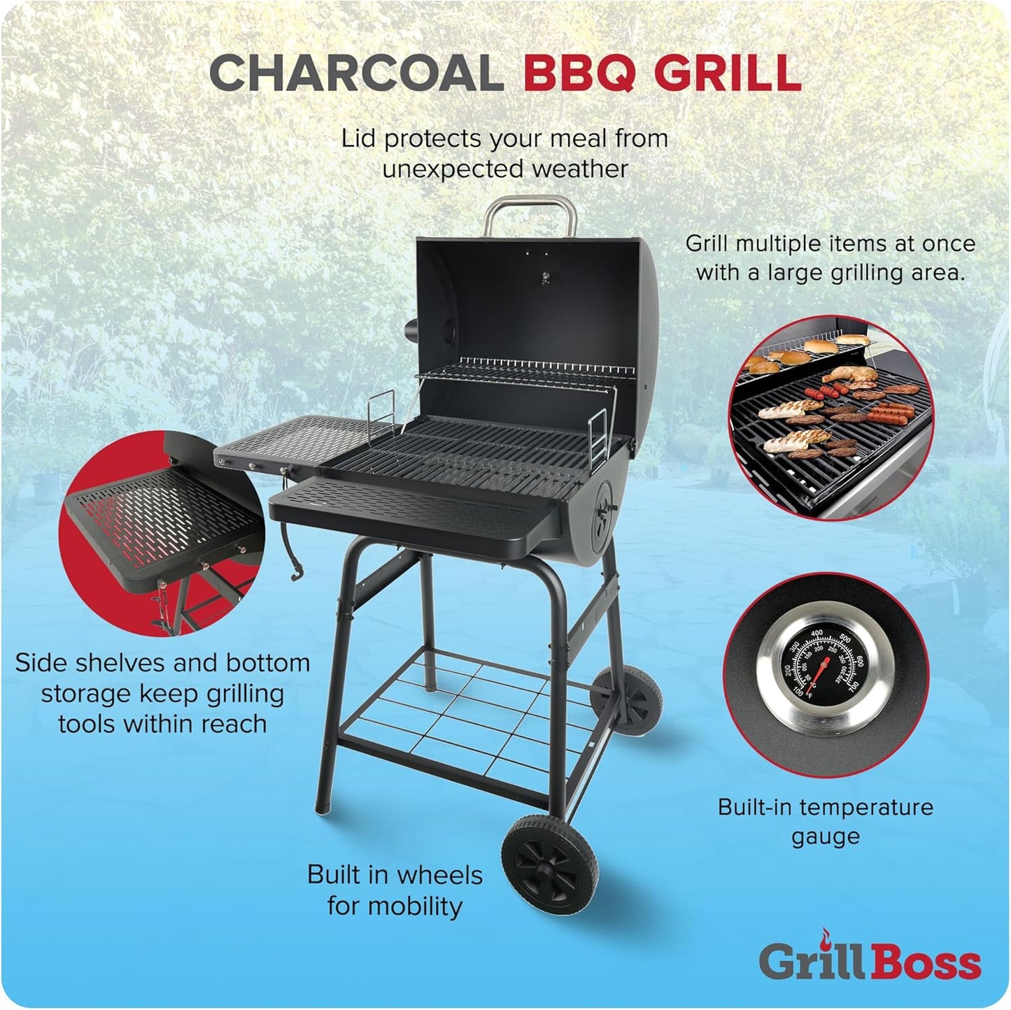Grill Boss 23 Inch Charcoal Barrel Grill with Adjustable Grate, Large Cooking Area, Black