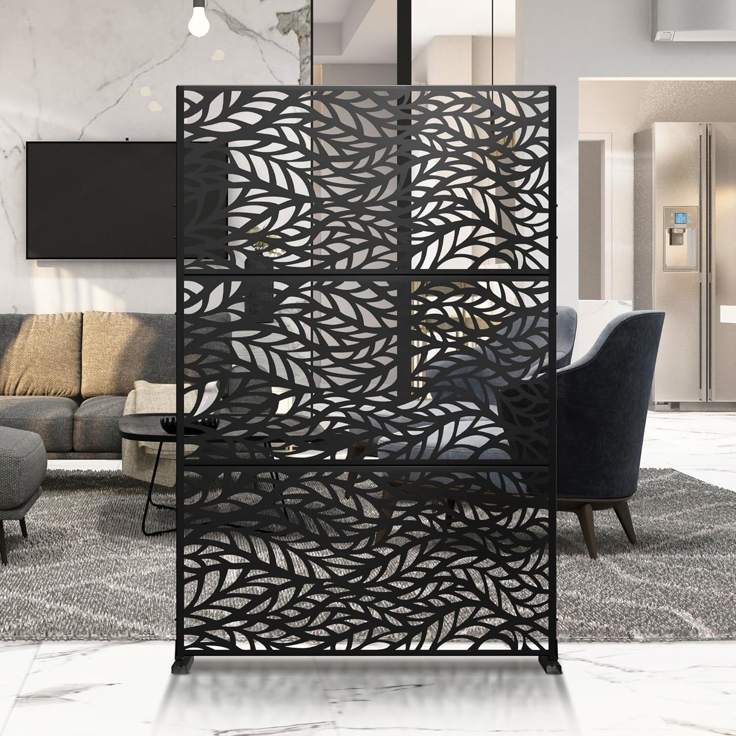 Metal Privacy Screen Outdoor 72" H×47" W,Freestanding Decorative Privacy Screen for Balcony Yard&Garden,Privacy Fence-Black&Leaves