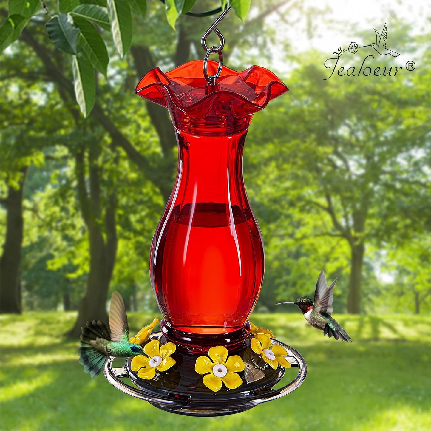 Hummingbird Feeder for Outdoors Hanging, 18 OZ Humming Birds Feeders with 6 Bee Guard Feeding Ports & Built-in Ant Moat, Easy to Clean, Durable Outdoor Garden Decor (Red 1 Pack-C)