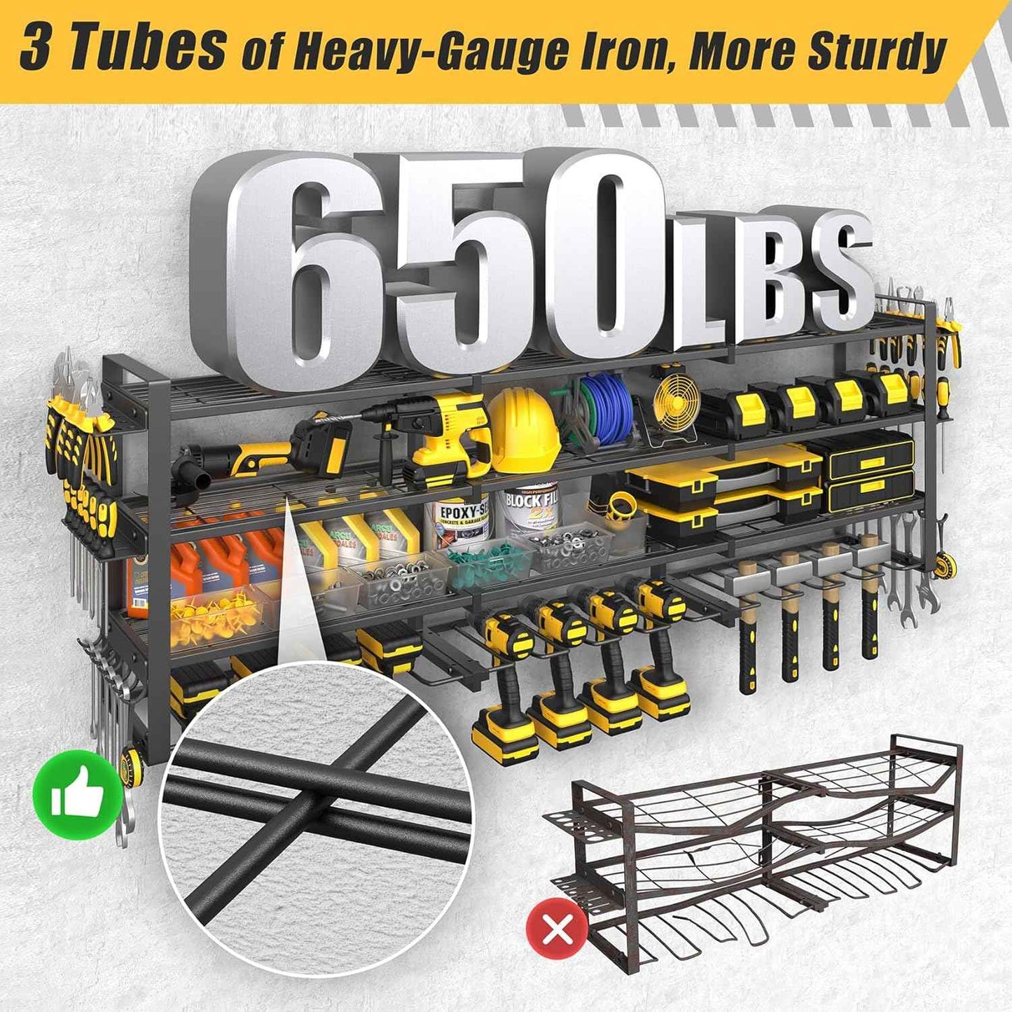 Jusgym Large 49''W Power Tool Organizer Wall Mount |650lbs Tool Garage Storage Rack with 12 Cordless Drill Holder |4-Tier Heavy Duty Garage Organization |Fathers Day Dad Gifts for Men