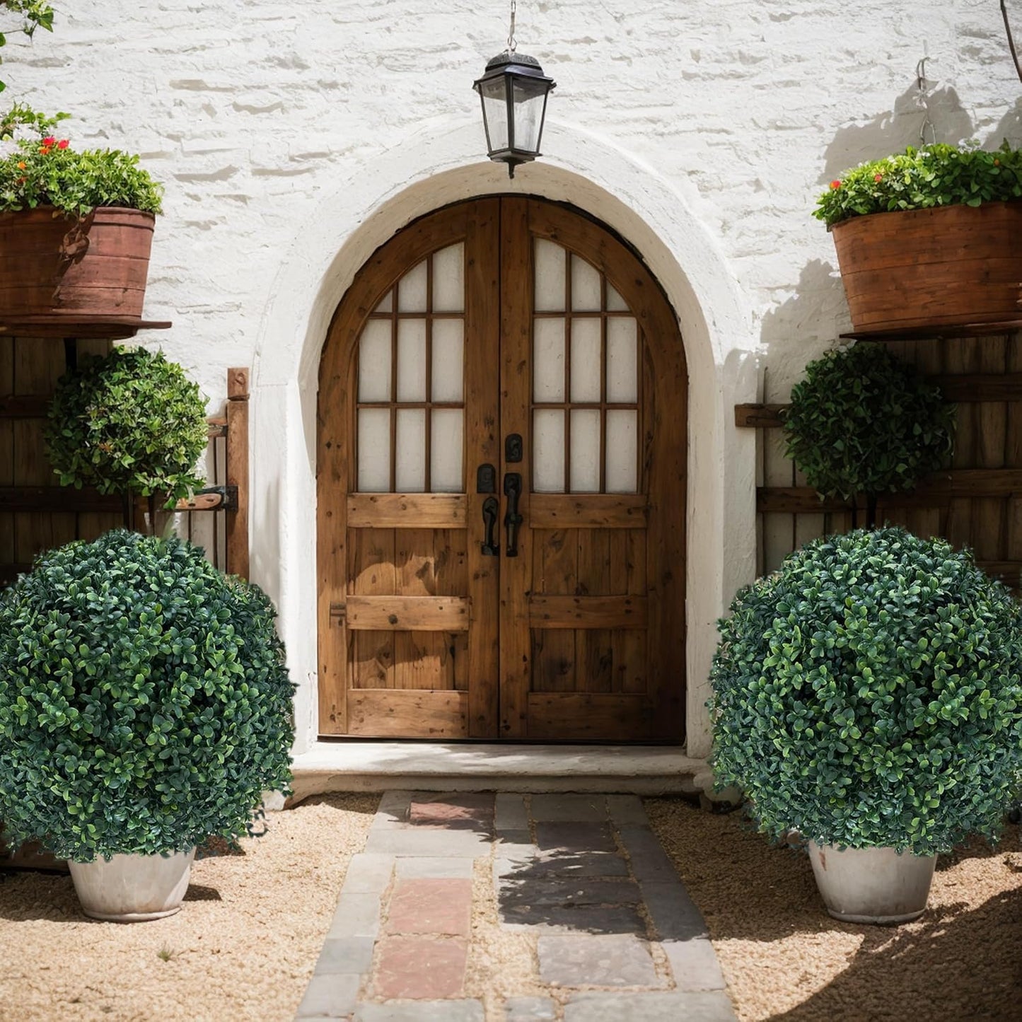27.5" Artificial Boxwood Topiary Ball Tree with Ground Spike, Set of 2 Artificial Cedar Bushes, UV Resistant Faux Boxwoods Outdoor Plants Artificial for Porch Garden Front Porch Decor
