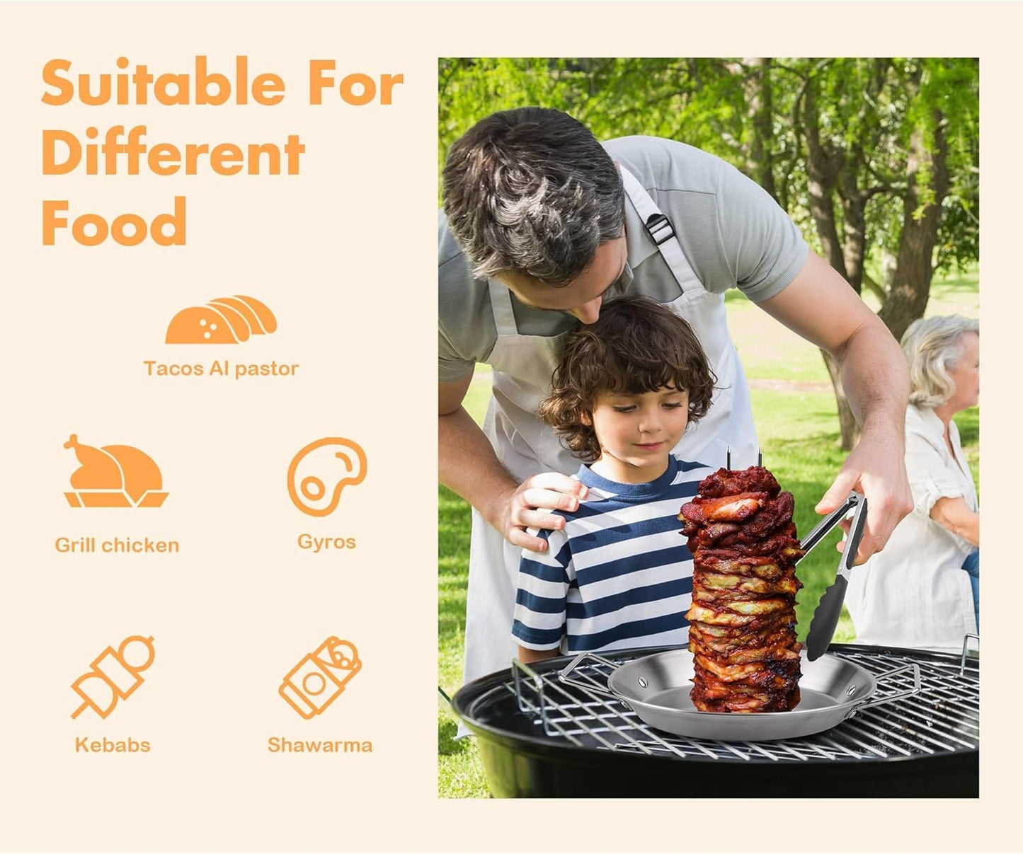 Elcoho Al Pastor Skewer for Grill BBQ Vertical Skewer Pan with Spikes Brush Tongs Screwdriver Al Pastor Rotating Grill Vertical Rotisserie for Turkey Tacos Al Pastor Shawarma Chicken on Smoker Oven