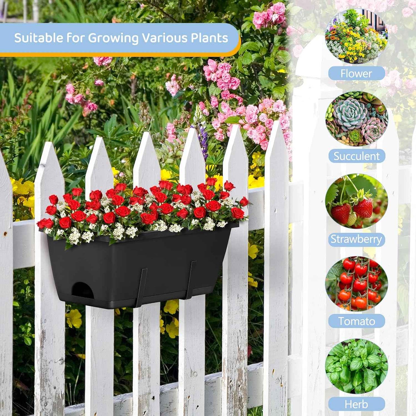 4 Pack Window Boxes Planters 17’’ Railing Planter Box with Adjustable Brackets, Deck Railing Hanging Flower Pots Rectangular Herb Planter for Outdoor Fence Garden, Balcony Decor