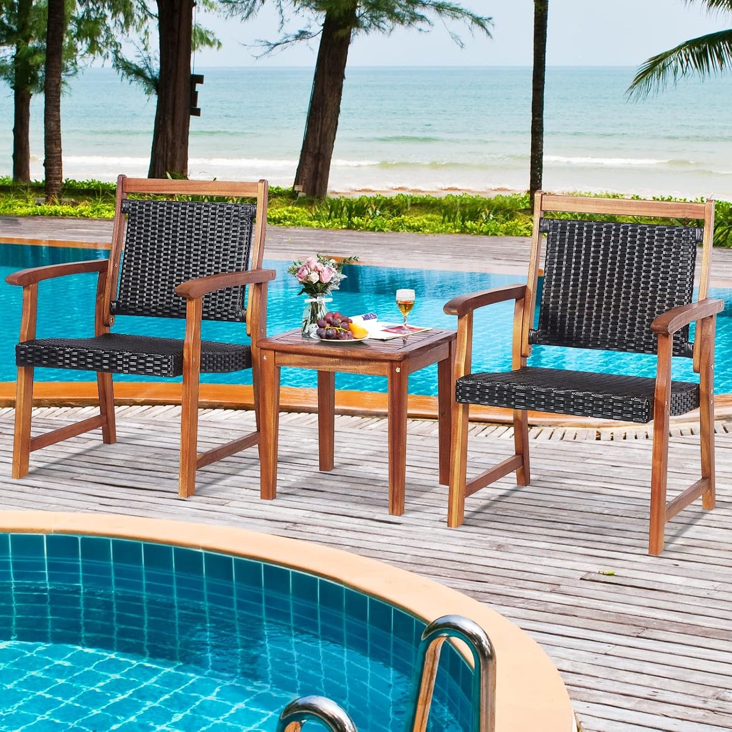 Tangkula 3-Piece Patio Acacia Wood Bistro Set, Patiojoy Outdoor Furniture Set with 2 Chairs & Side Table, Weather Resistant Rattan Garden Conversation Chair Set for Pool Side, Deck, Balcony