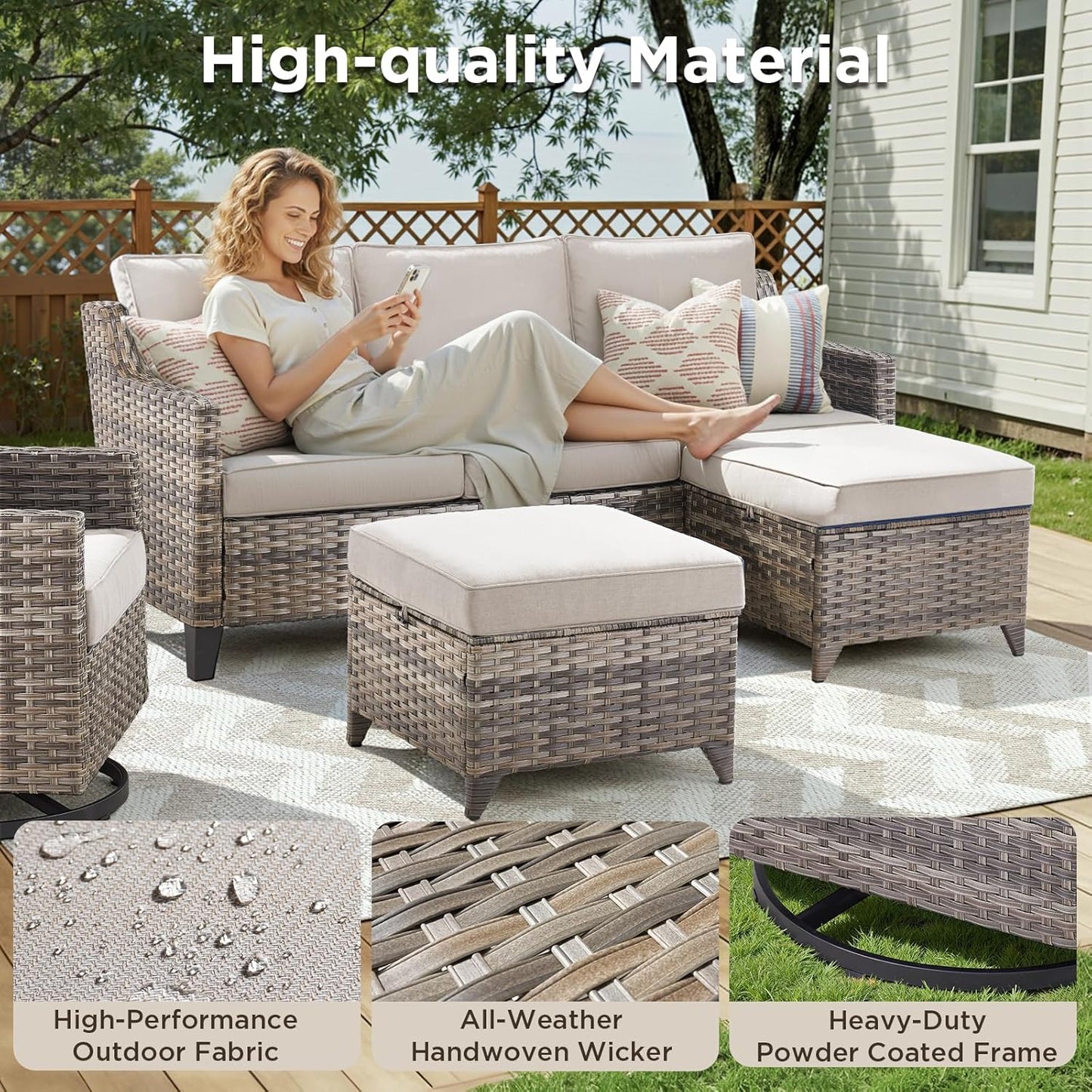 Buenhomino Outdoor Patio Furniture Set-PE Wicker Sofa Couch with Ottomans Comfy Cushions, All Weather High Back Patio Conversation Set for Porch Deck Balcony Garden Grey/Beige