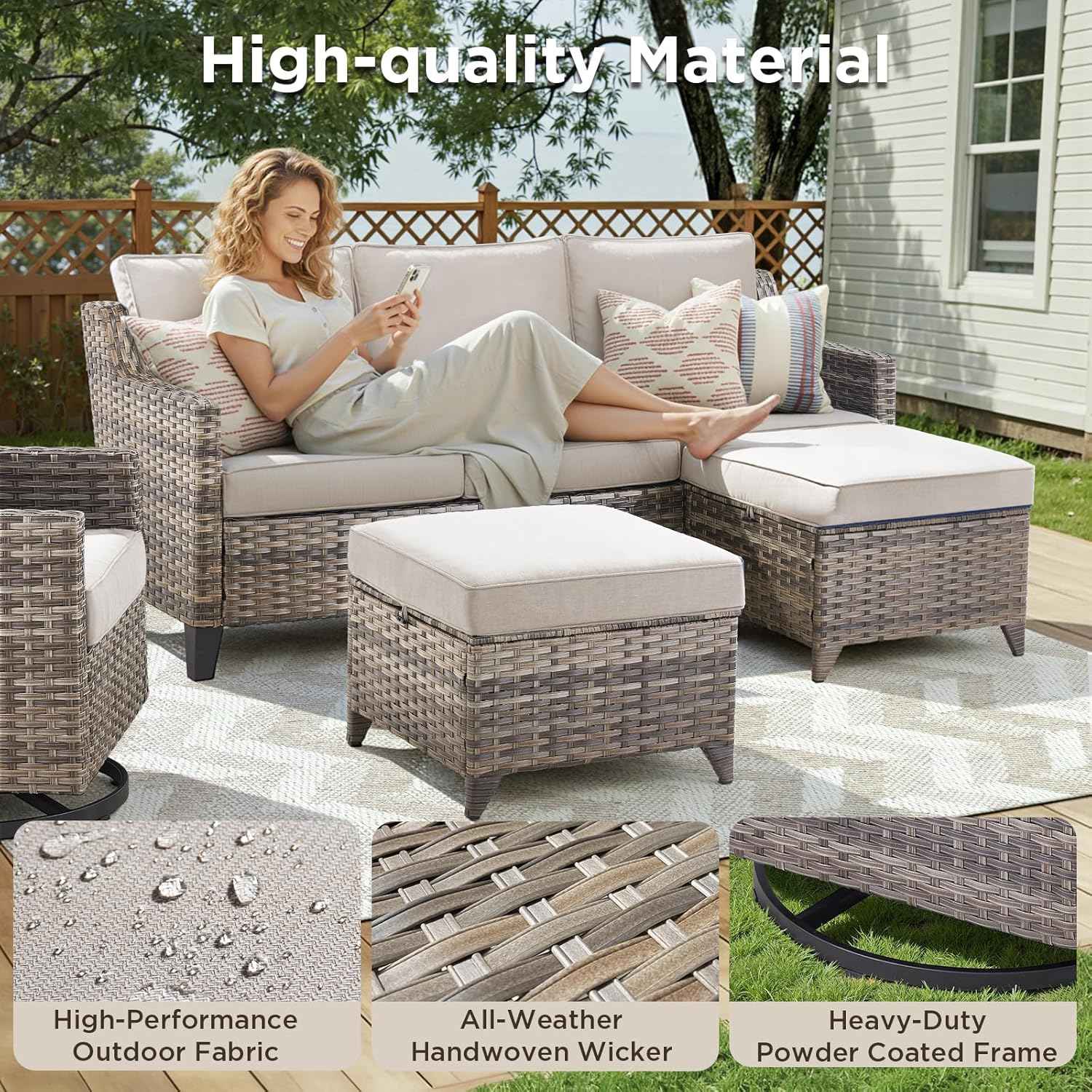 Outdoor Patio Furniture Set-5 Pieces All-Weather Wicker Outdoor Furniture with Swivel Patio Chairs Outdoor Patio Conversation Sets for Garden Porch Deck Grey/Beige