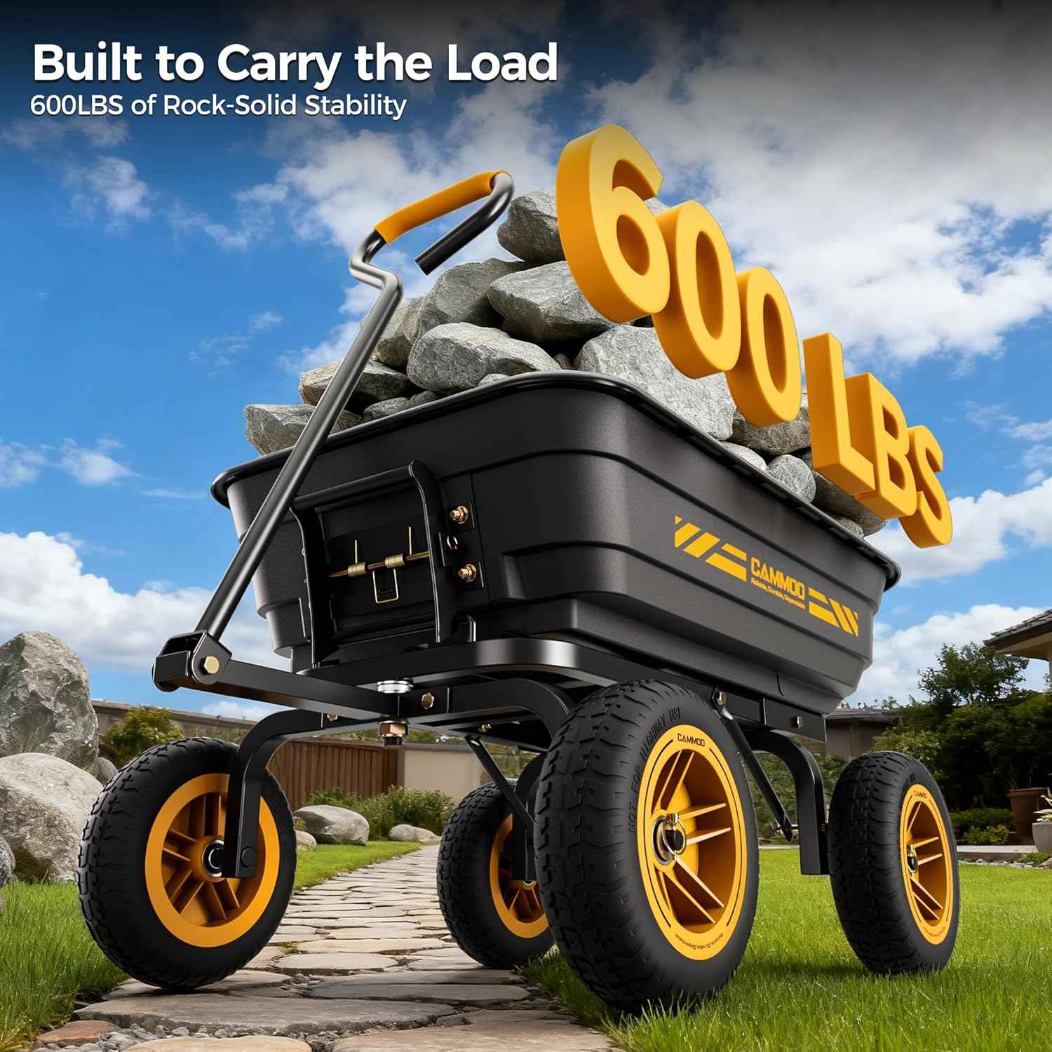 CAMMOO 10-in NO-FLAT TIRES 600lb Heavy-Duty Garden Dump Cart 4 Cu.Ft. Utility Wagon with Quick-Release Dumping & Prime Grade 100% Virgin Polypropylene - Not Recycled Material for Landscaping Gardening