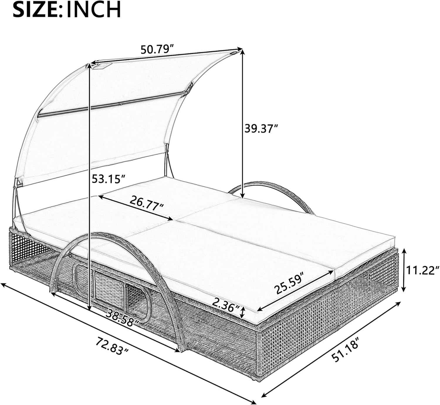 Mirightone 2-Person Outdoor Chaise Lounge Daybed with Canopy, Steel Frame Patio Sunbed with Adjustable Backrest, Hidden Side Table and Arched Armrests, for Poolside, Deck, Garden, Gray