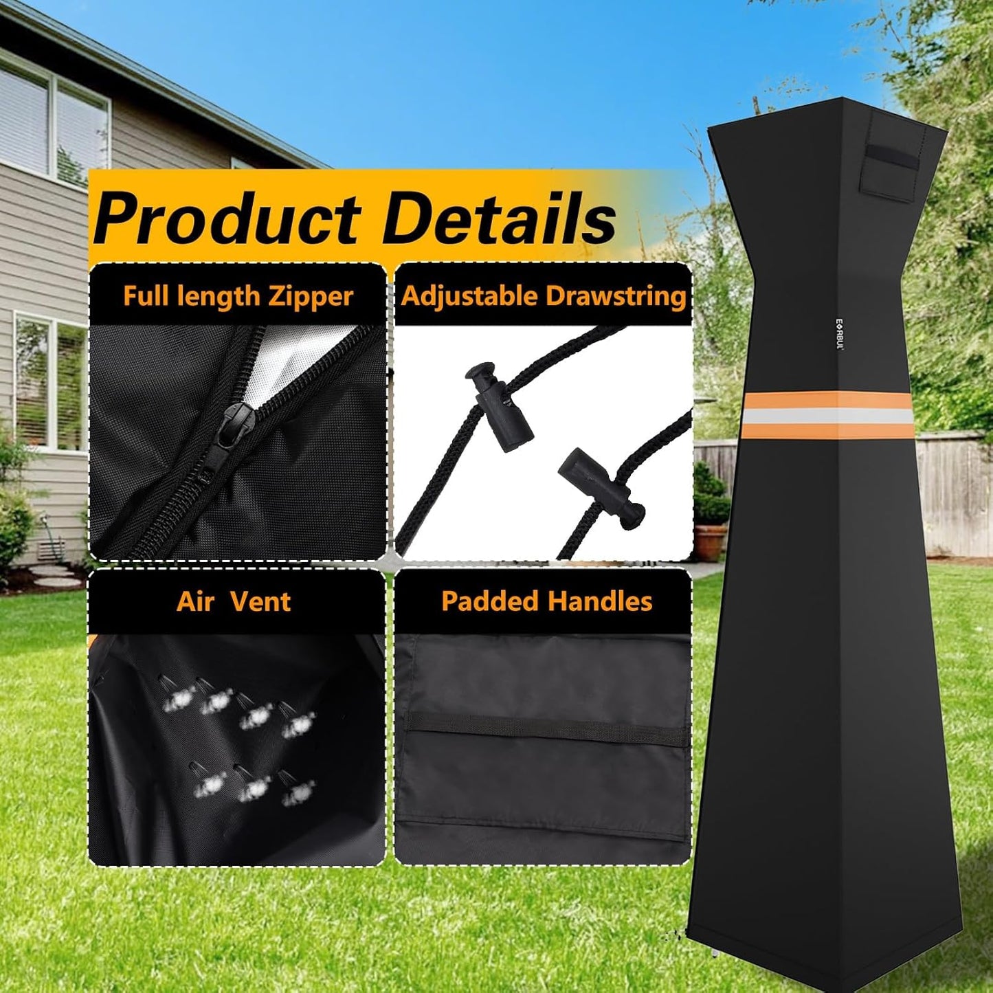 EVRBUL Pyramid Torch Patio Heater Cover with Zipper,Storage Bag and Reflective Strip,Heavy Duty 420D Waterproof Dust-proof Windproof UV-Resistant Outdoor Standing Heater Cover,Black,90"H x 23"L x 23"W