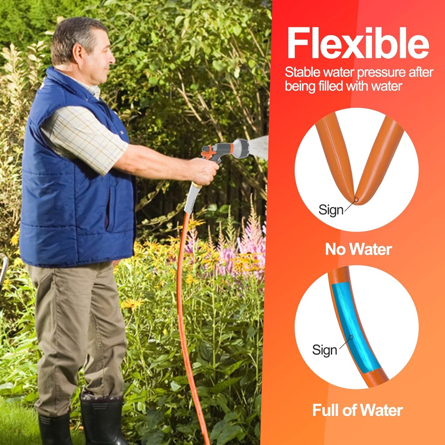 Garden Hose 50 ft x 5/8 in Heavy Duty, Flexible and Lightweight Water Hose, Burst 600 psi, Kink-less Hybrid Rubber Hose for Backyard, 3/4'' Brass Fittings