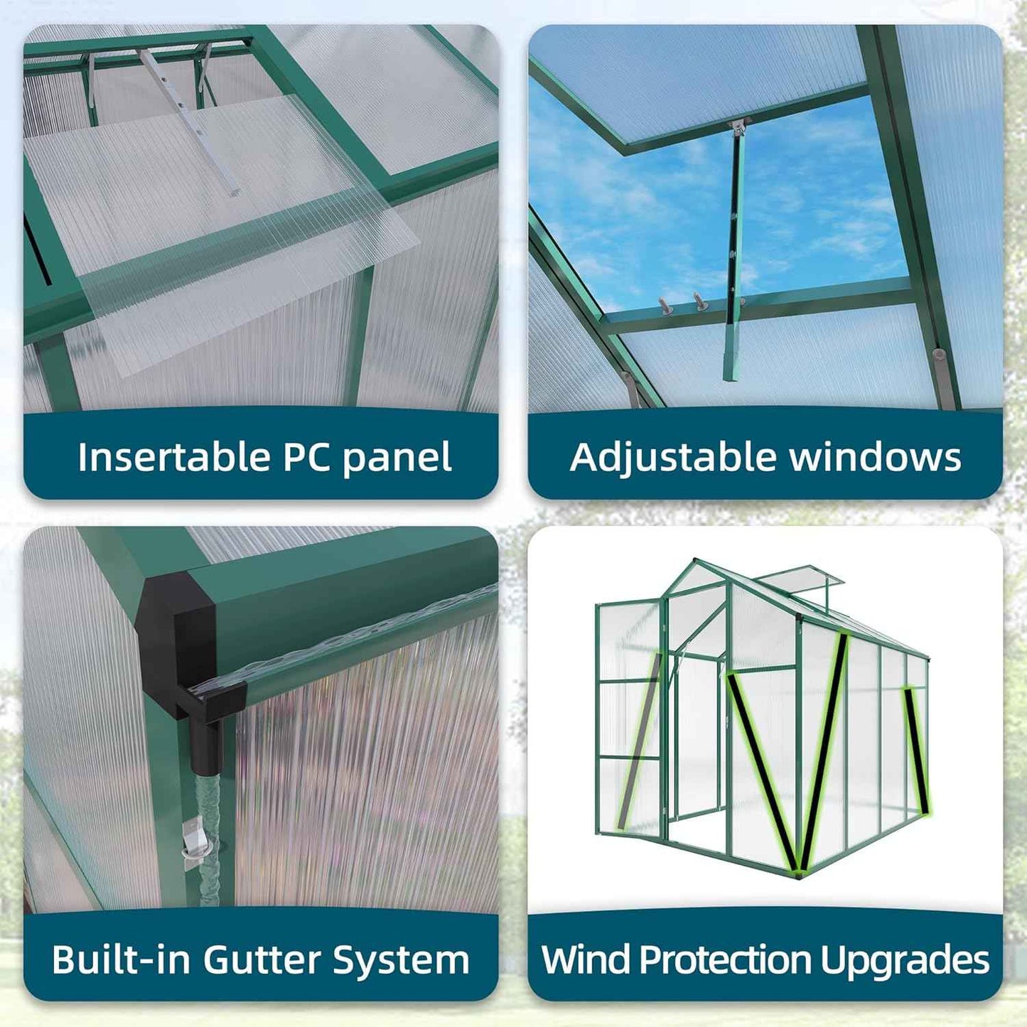 86in High 6*8.2FT Greenhouse for Outdoors, Polycarbonate Greenhouse with Stronger Wind Protection and Roof Vent, Walk-in Large Aluminum Sunroom Winter Proof, Green