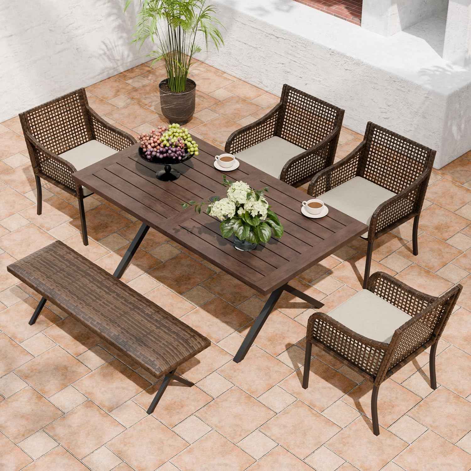 EAGLE PEAK Sienna Bay Outdoor Dining Set for 6, Patio Table Set with Umbrella Hole, All Weather Backyard Table, Chairs and Bench for Lawn, Garden, Deck, 6 Pieces, Brown