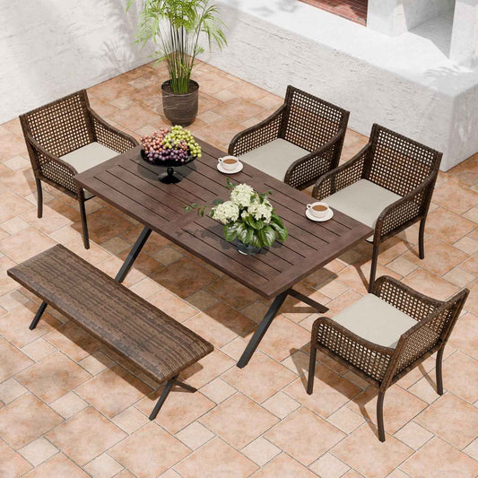 EAGLE PEAK Sienna Bay Outdoor Dining Set for 6, Patio Table Set with Umbrella Hole, All Weather Backyard Table, Chairs and Bench for Lawn, Garden, Deck, 6 Pieces, Brown