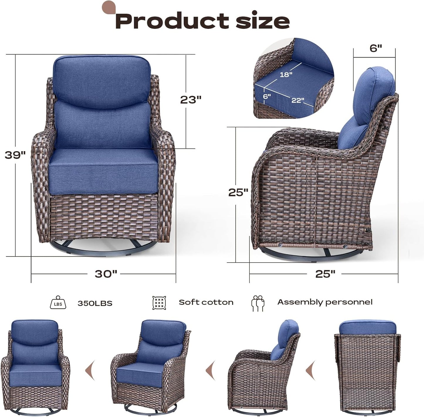 4 Piece Outdoor Patio Swivel Rocker Chairs, Waterproof Wicker, High Back, Deep Seating, Wide Armrest, Upgraded 6 inch Thick Cushions, Ideal for Deck Porch Backyard, Brown/Blue