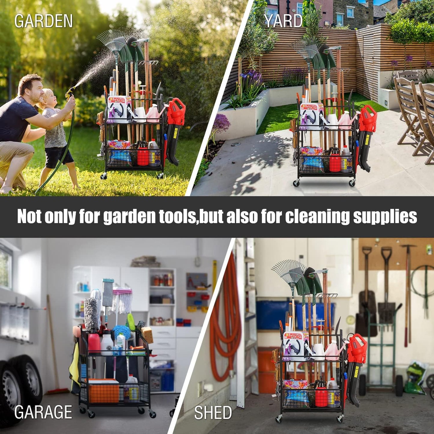 Mythinglogic Garden Tool Organizer for Garage, Yard Tool Rack with Wheels, Garage Organizers and Storage Holder for Yard Tools (Deluxe Tower)