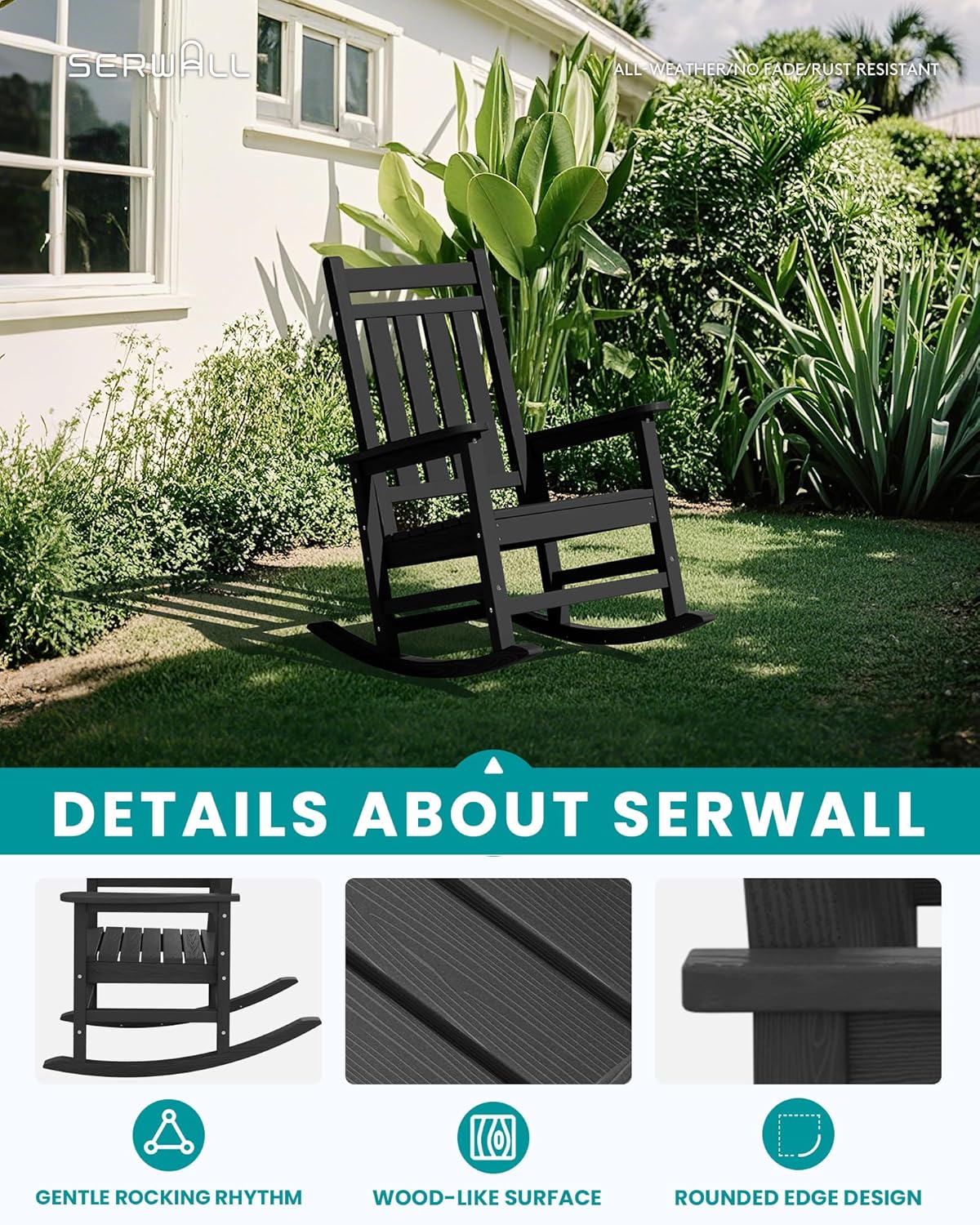 SERWALL Oversized Outdoor Rocking Chair Set of 2, HDPE Rocker for Adults, Patio Rocking Chairs for Porch, Black