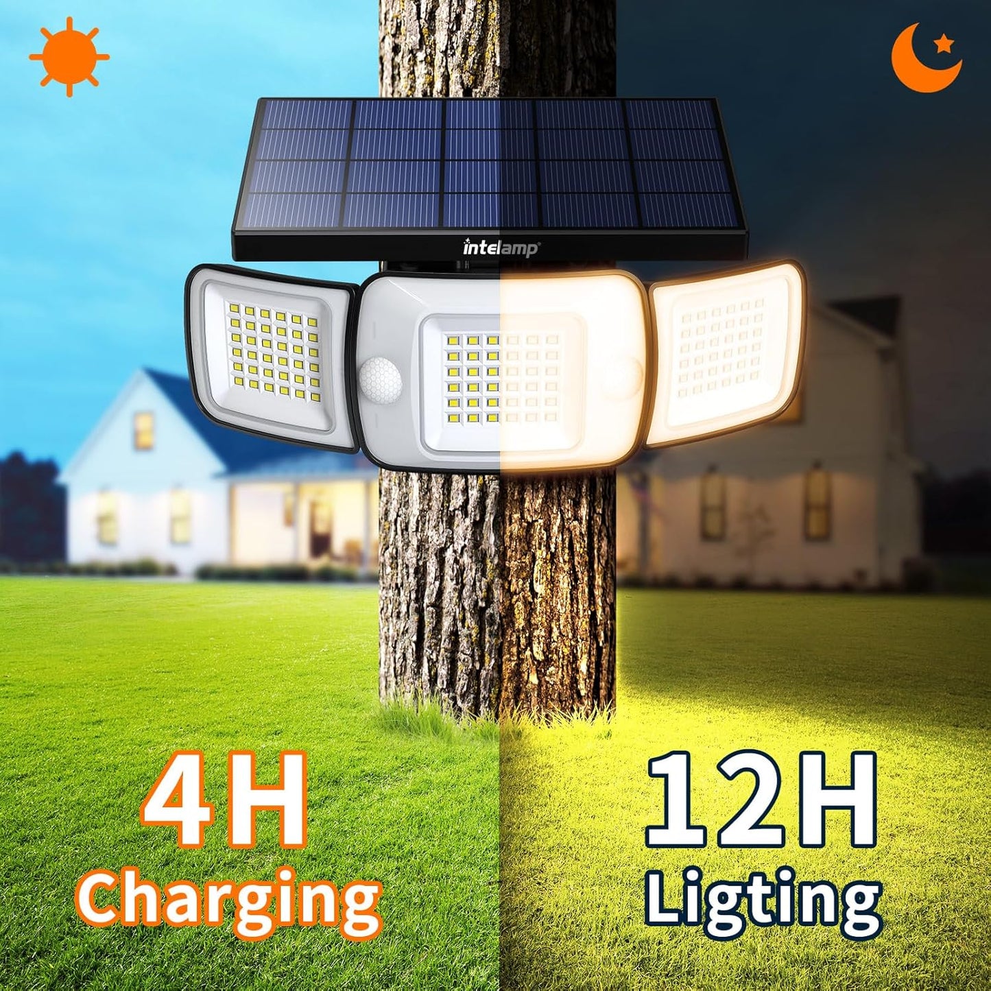 intelamp Solar Flood Lights Outdoor Waterproof, 6000mAh 1200LM Solar Powered Dual Motion Sensor LED Warm Lighting Dusk to Dawn Security Floodlight Exterior with Remote for Outside Garden House Patio