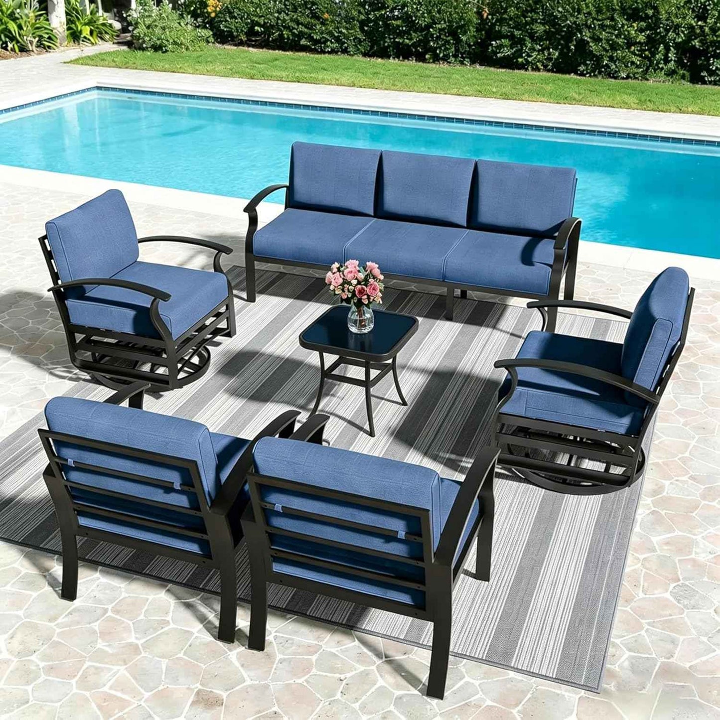 Aluminum Outdoor Patio Furniture Set,6 Pieces 7 Seats Patio Conversation Sets,Metal Patio Sectional Furniture Set with 5.1" Thickened Cushions,Swivel Rocking Chairs Set,Navy Blue