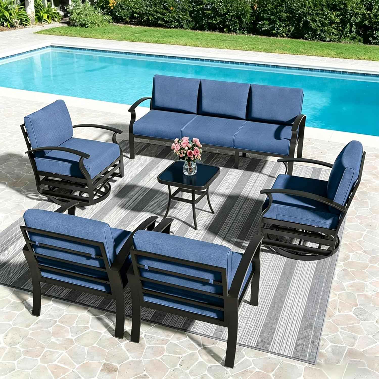 Aluminum Outdoor Patio Furniture Set,6 Pieces 7 Seats Patio Conversation Sets,Metal Patio Sectional Furniture Set with 5.1" Thickened Cushions,Swivel Rocking Chairs Set,Navy Blue