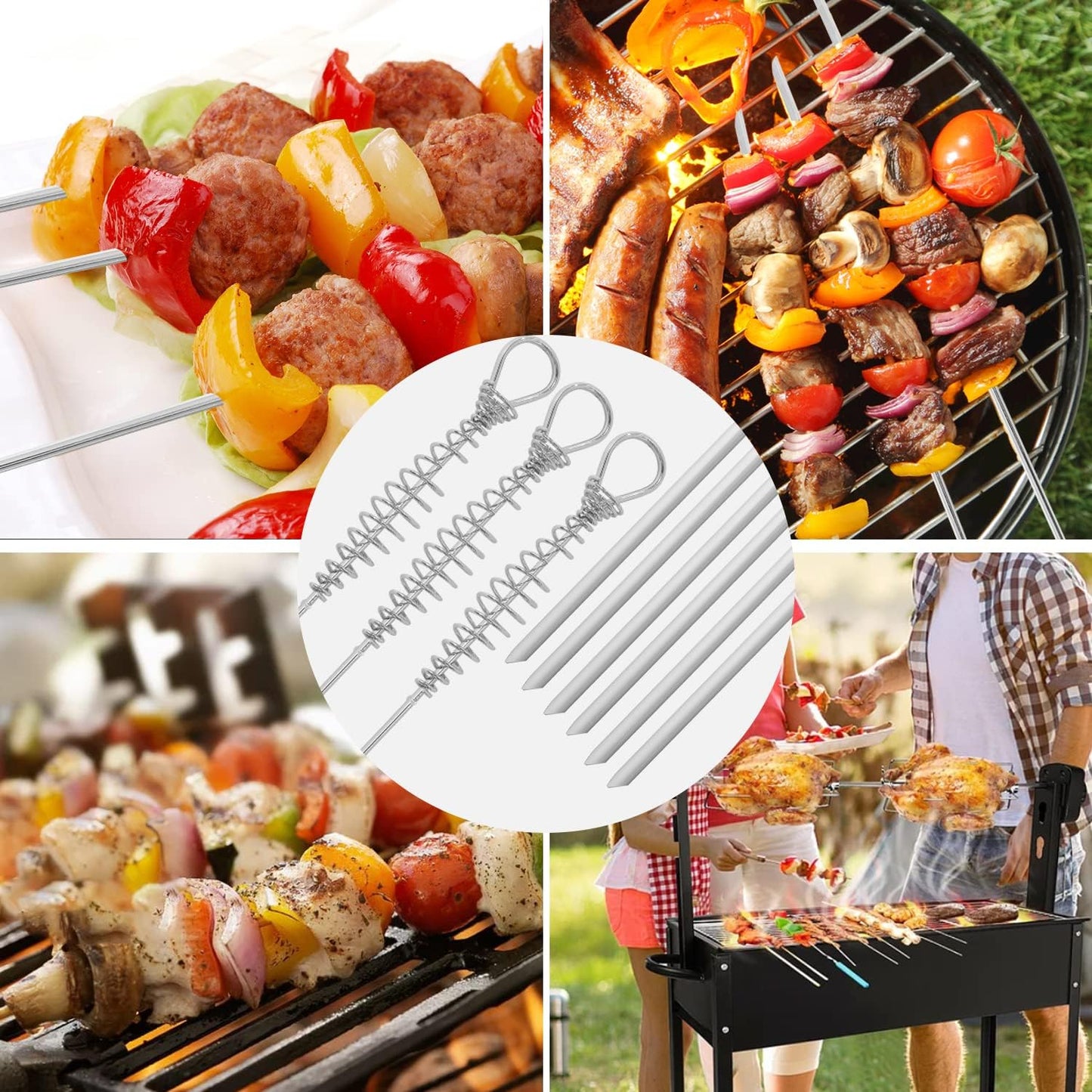 16"" 12 Pack - Metal Skewers Flat Long Kabob Skewers Reusable BBQ Barbecue Shish Sticks Skewers for Grilling, Stainless Steel, Sliver