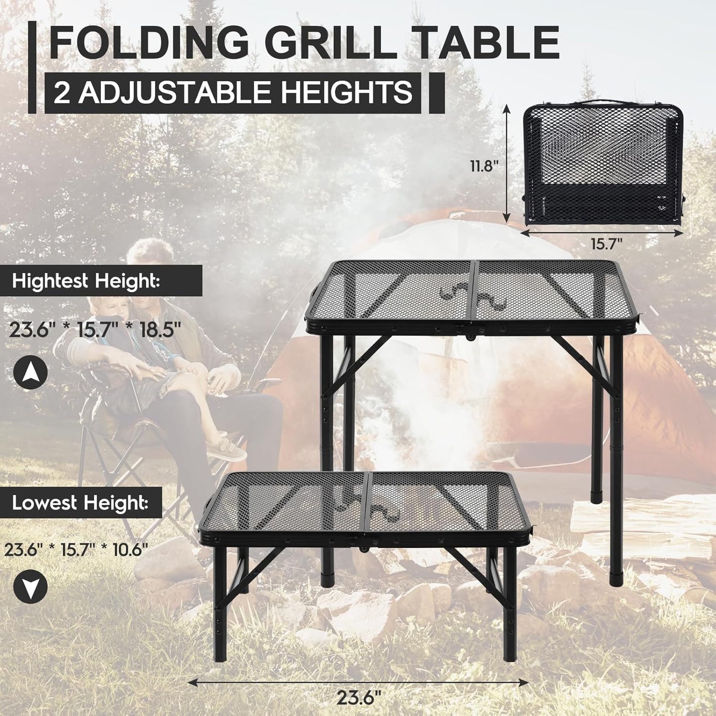 Camping Portable Folding Grill 2x1.3 FT Table, Lightweight Height Adjustable Metal Picnic Outdoor Table with Mesh Desktop and Mesh Bag, Picnic, Beach and BBQ, Party