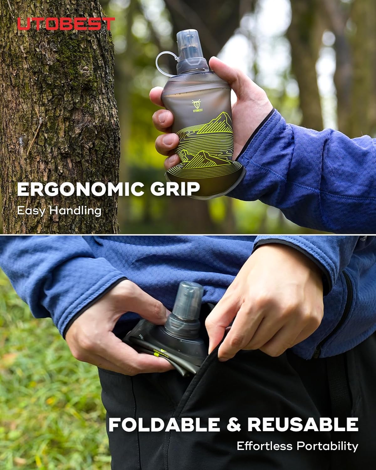 UTOBEST 200ml Soft Flask, 2 Pack Flexible TPU Hydration Water Bottle, Collapsible with 28mm Caliber for Running, Hiking, Cycling, Climbing, and Marathon Green