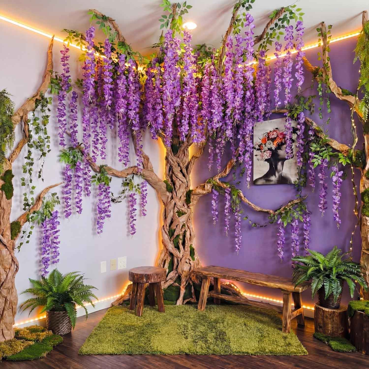 XunYee 40 Pcs 3D Wisteria Tree Wall Decor for Room Classroom Ceiling Artificial Wisteria Hanging Flower DIY Cardboard Paper Tree with Vine Kraft Paper Fairy Bulletin Board Decoration(Purple)