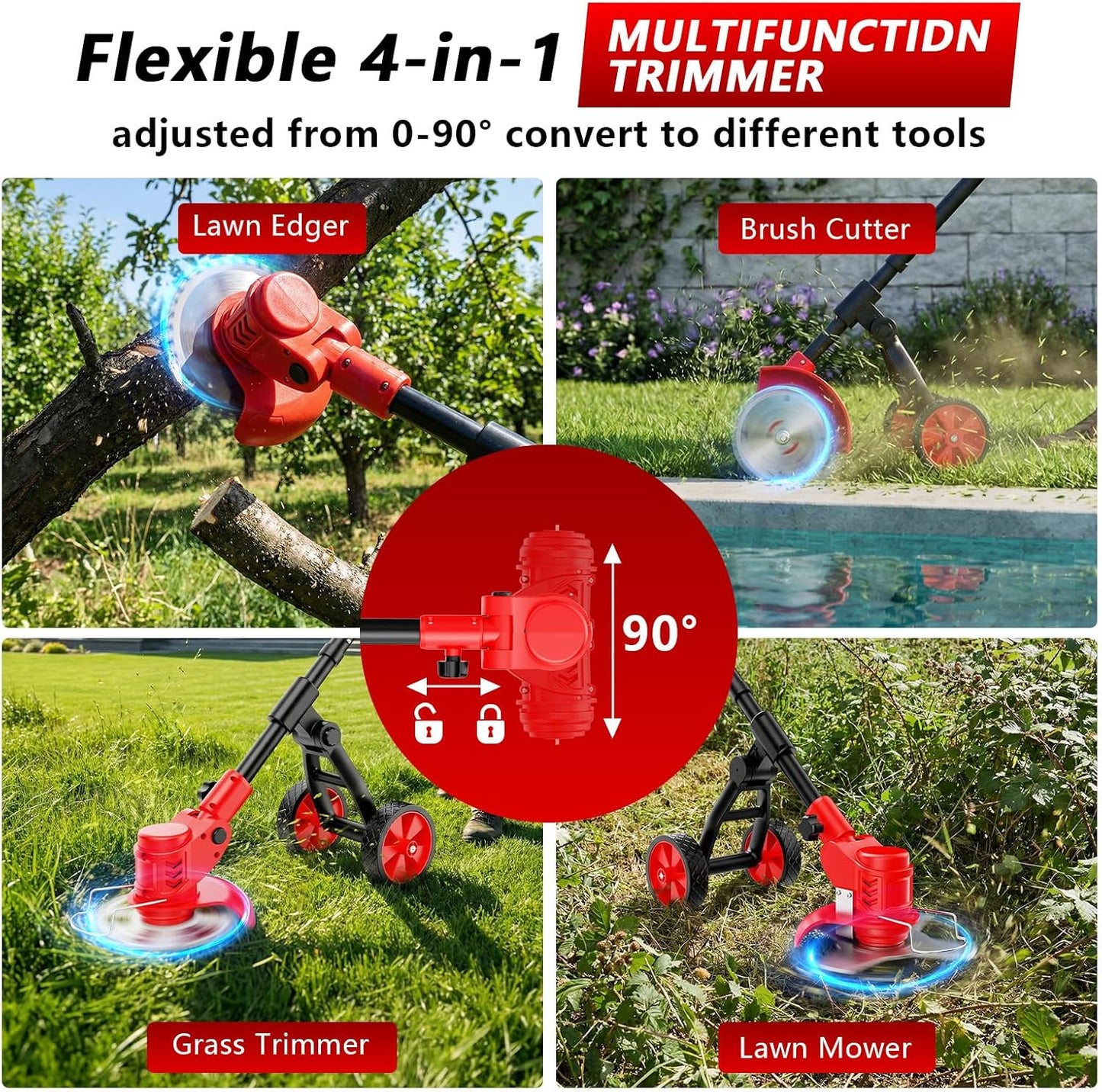 Electric Weed Wacker Cordless, 4000mAh Weed Eater Battery Powered with Wheel, 4 in 1 Grass Trimmer/Heavy Duty Brush Cutter/Lawn Edger/Weed Trimmer, No String Trimmer with Blade, 2 Battery Garden Tool