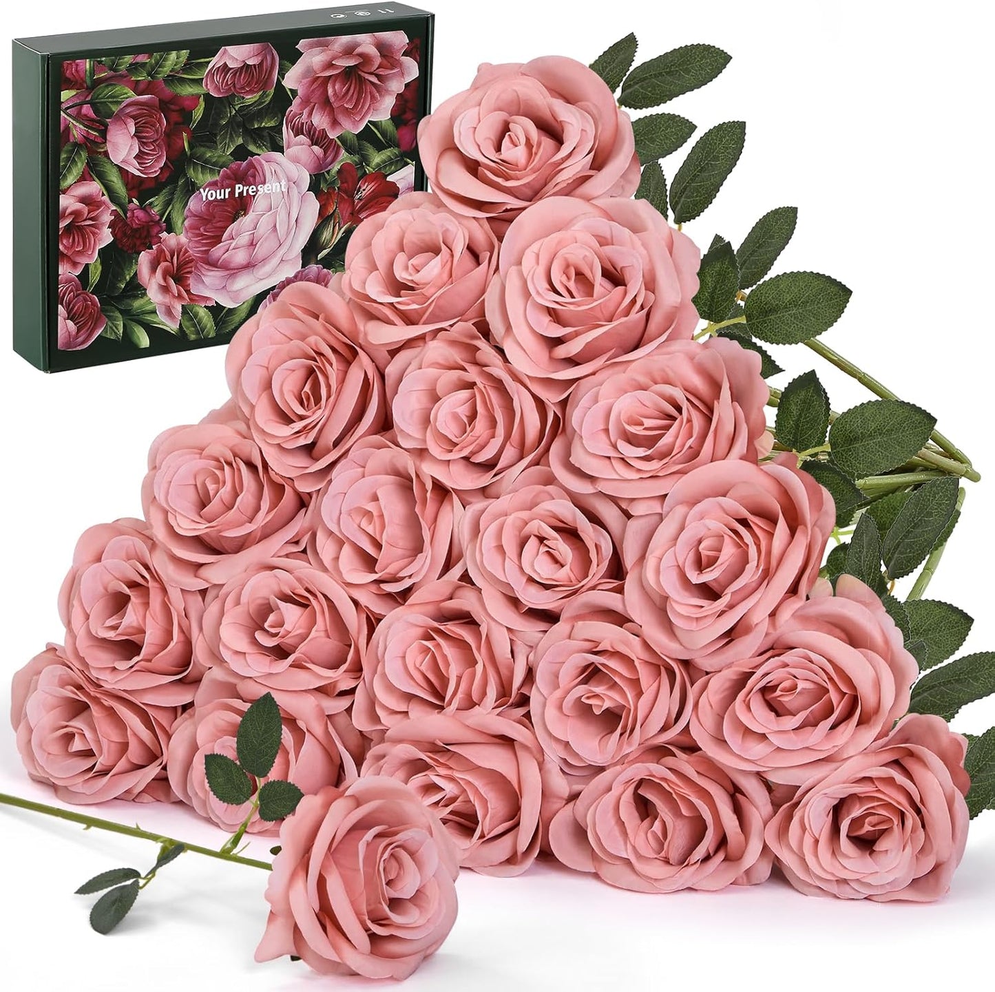 20PCS Artificial Dusty Pink Roses, 3.9'' Silk Flower Head Fake Dusty Pink Rose with Long Stems, Realistic Faux Roses Bouquet for Mother's Day DIY Wedding Home Party Office Decoration