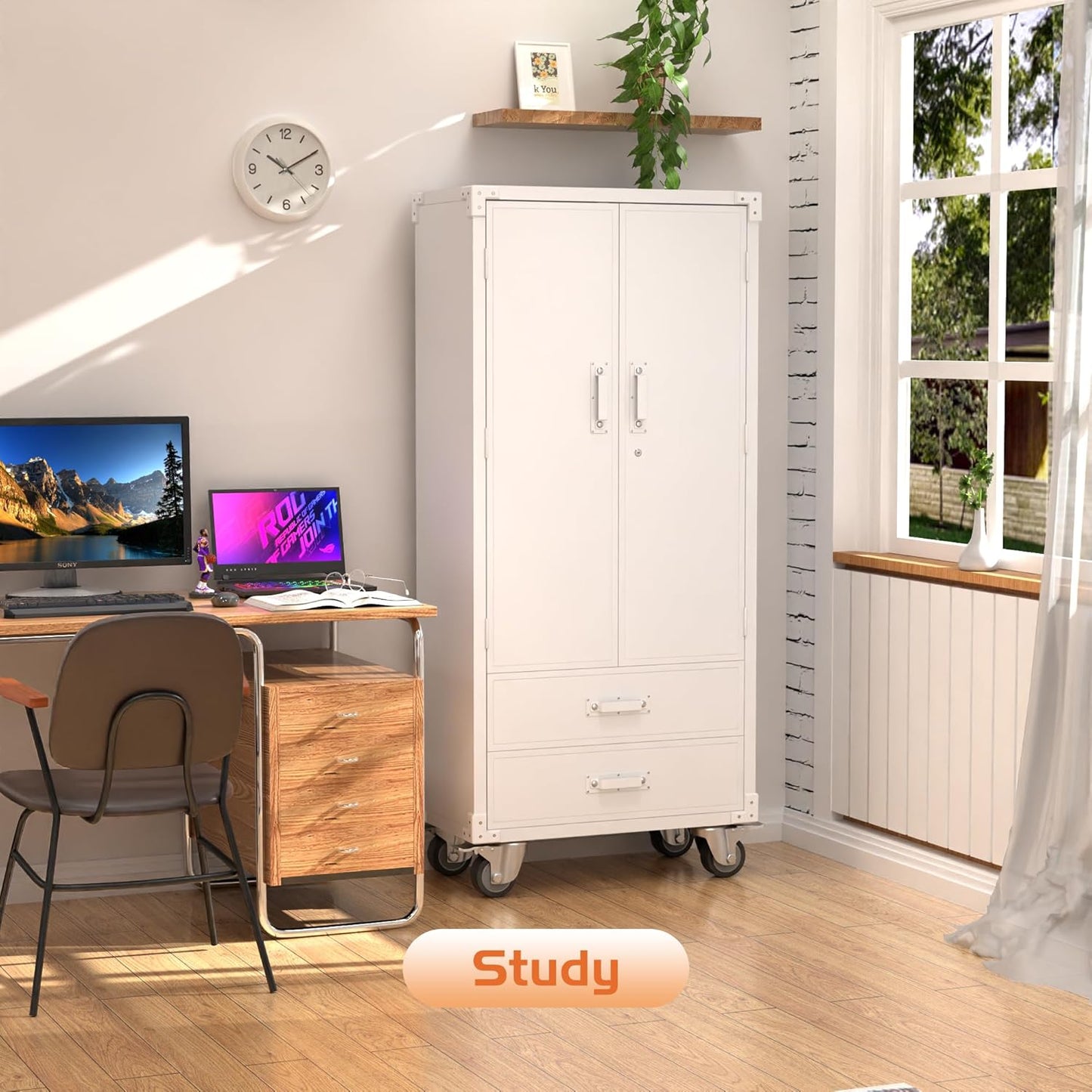 Aobabo Metal Storage Cabinet with 2 Large Drawer, Lockable Steel Storage Cabinet with 3 Adjustable Shelves, for Home, Office, Garage, Classroom, White, Assembly Required