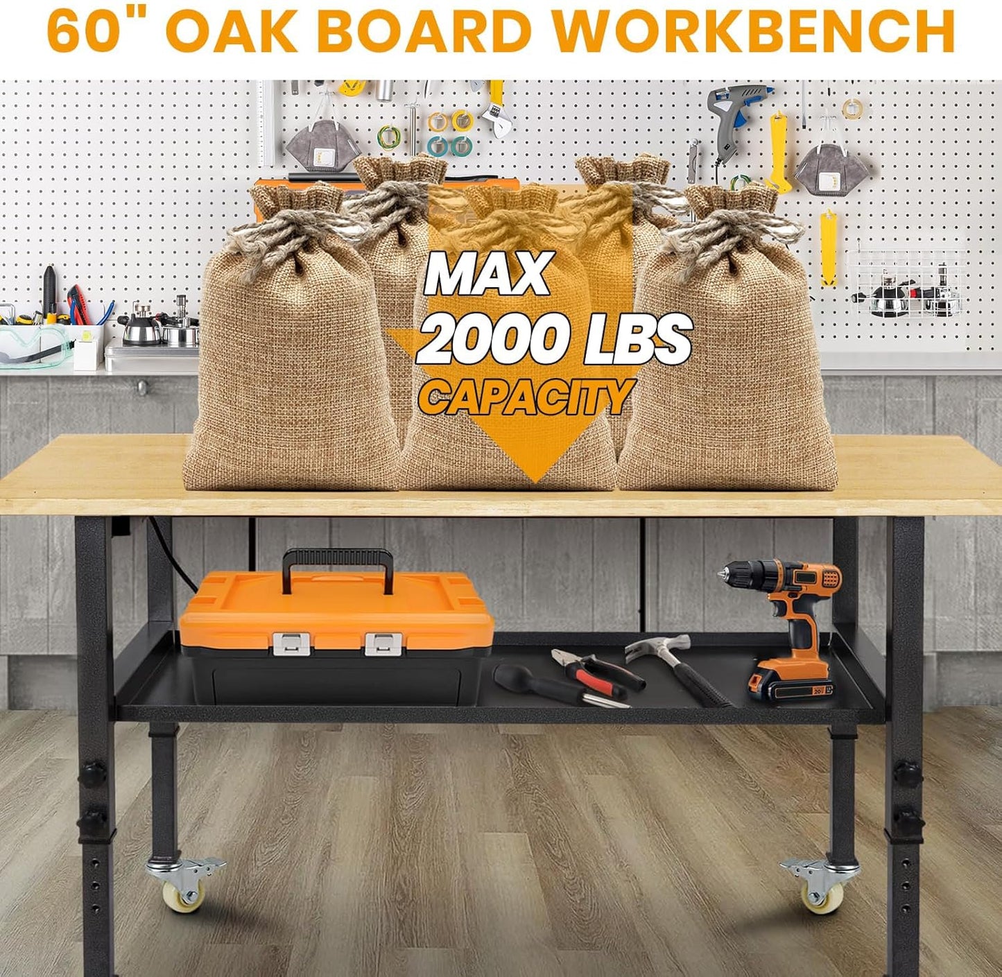 48"/60'' Adjustable Workbench, Rubber Wood Top Work Bench Heavy-Duty Work Table with Power Outlet, Wheels, Partition 2000 LBS Load Capacity Hardwood Work Benches for Garage, Workshop, Home, Office