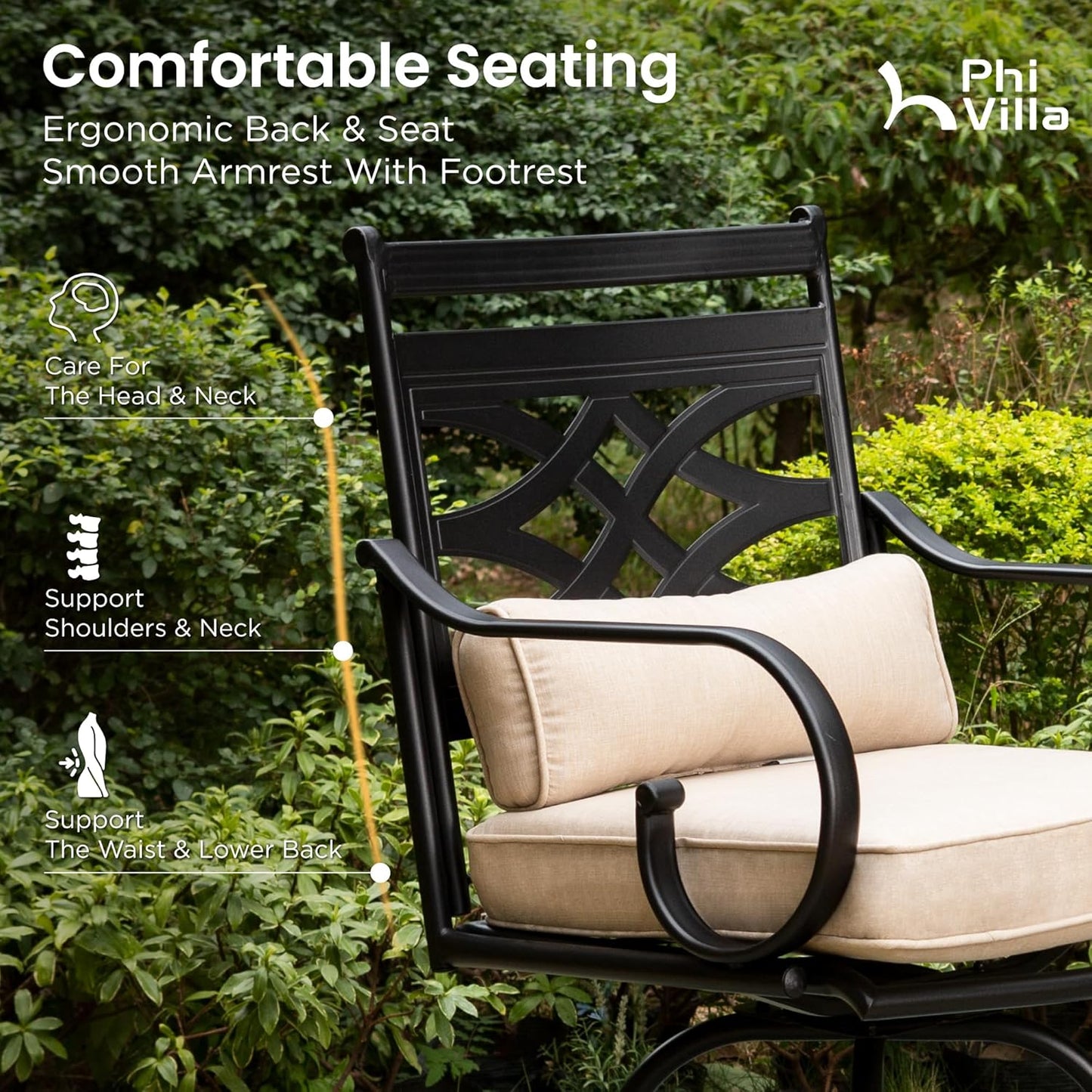 PHI VILLA Outdoor Swivel Bar Stools Set of 8，Patio Counter Height Bar Chairs with Back and Armrest，Metal,Black